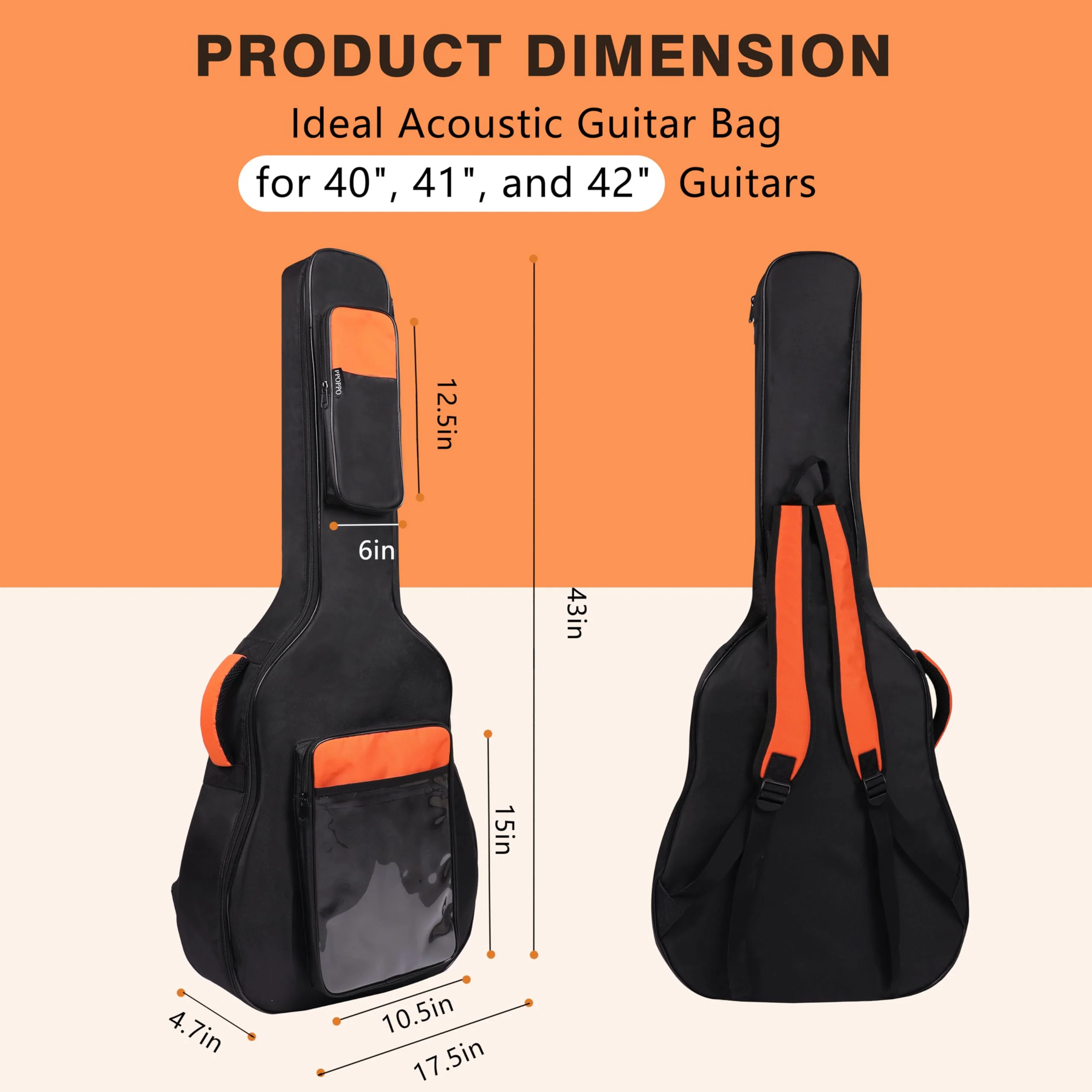 Acoustic Guitar Gig Bag Fits 40 41 42 Inch, 0.5 Inch Thick Padded for Enhanced Protection, 600D Waterproof Nylon, Soft Guitar Backpack Case with Neck Fixed Strap & Adjustable Shoulder Straps Orange (0.5 Inch) - Image 2