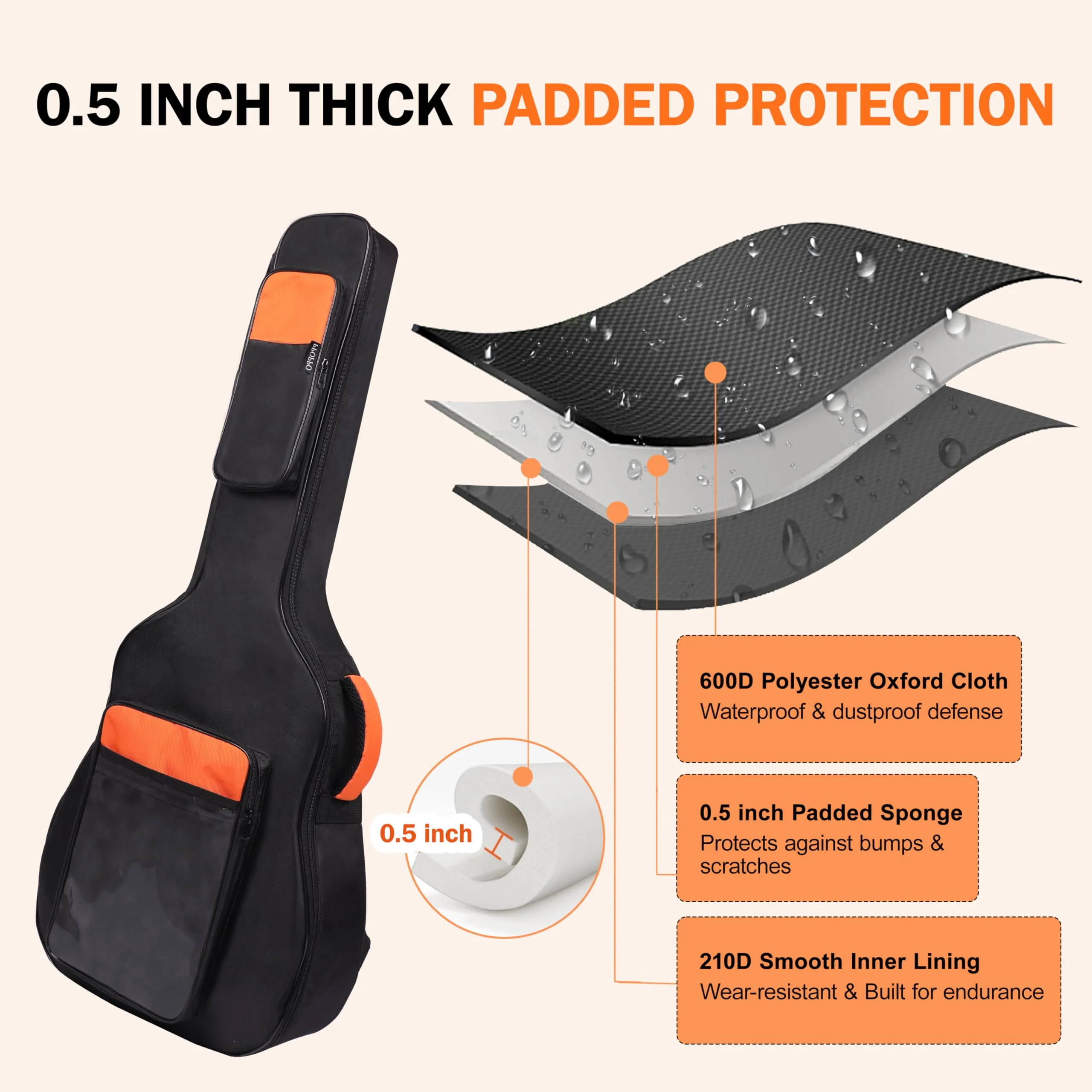 Acoustic Guitar Gig Bag Fits 40 41 42 Inch, 0.5 Inch Thick Padded for Enhanced Protection, 600D Waterproof Nylon, Soft Guitar Backpack Case with Neck Fixed Strap & Adjustable Shoulder Straps Orange (0.5 Inch) - Image 3