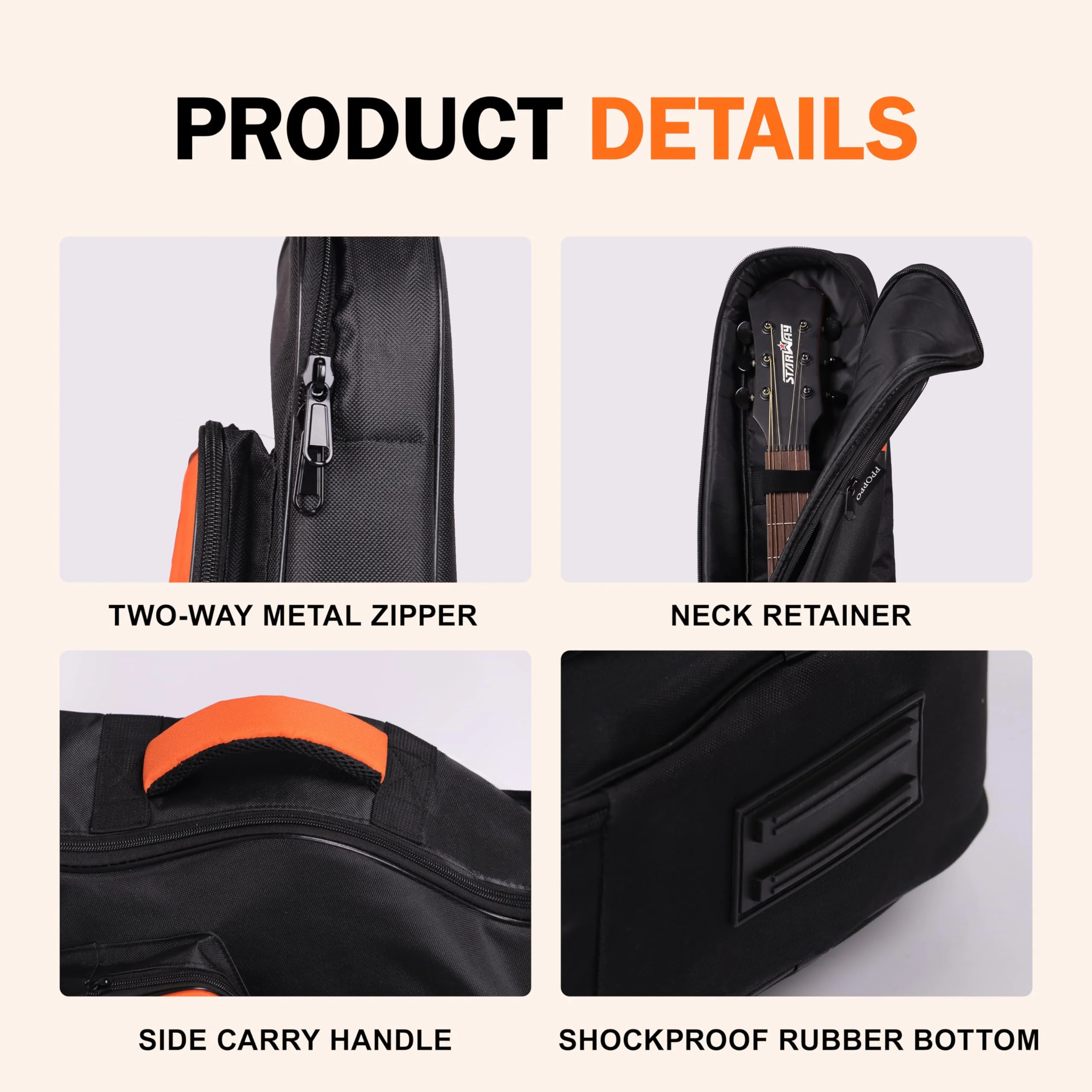Acoustic Guitar Gig Bag Fits 40 41 42 Inch, 0.5 Inch Thick Padded for Enhanced Protection, 600D Waterproof Nylon, Soft Guitar Backpack Case with Neck Fixed Strap & Adjustable Shoulder Straps Orange (0.5 Inch) - Image 4