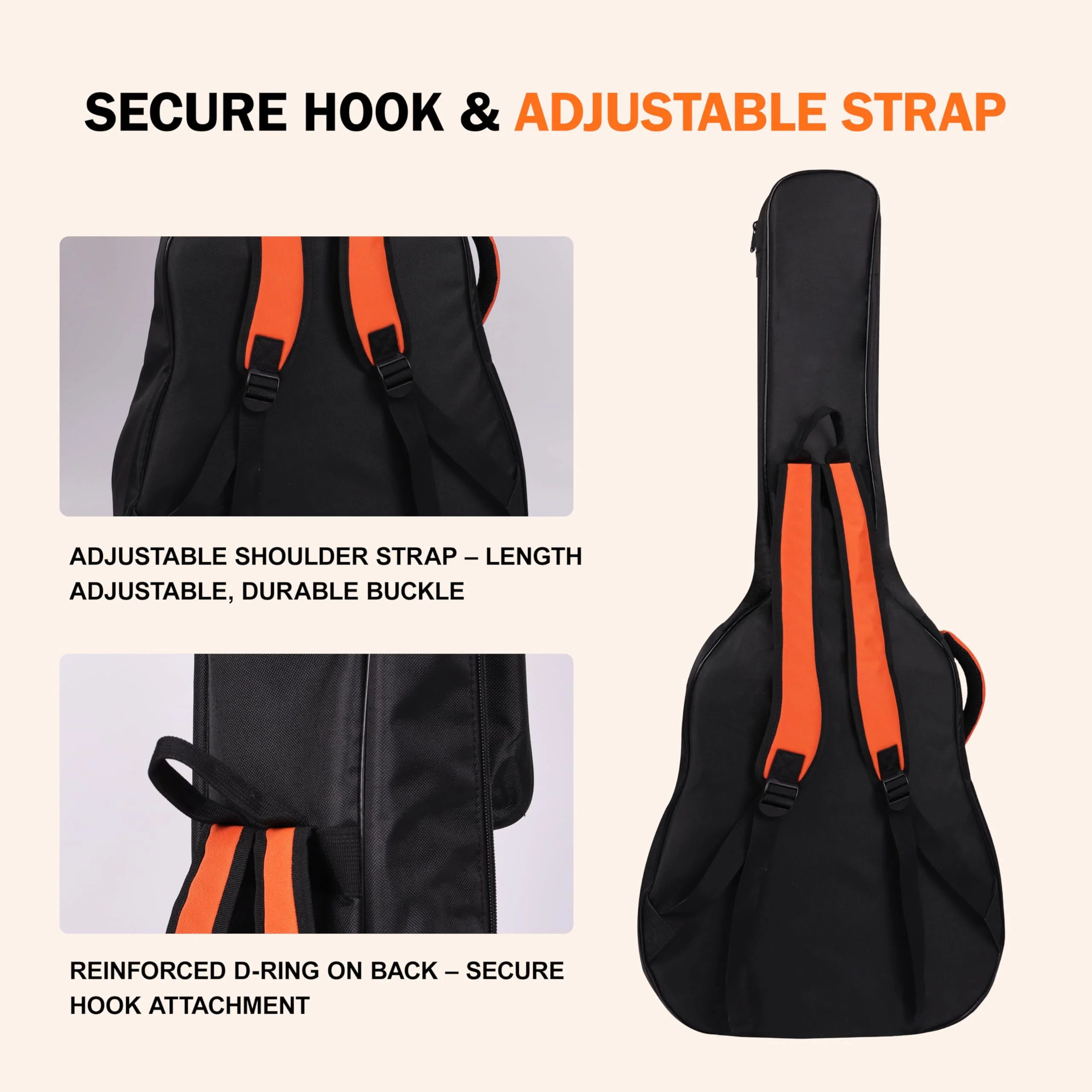 Acoustic Guitar Gig Bag Fits 40 41 42 Inch, 0.5 Inch Thick Padded for Enhanced Protection, 600D Waterproof Nylon, Soft Guitar Backpack Case with Neck Fixed Strap & Adjustable Shoulder Straps Orange (0.5 Inch) - Image 5