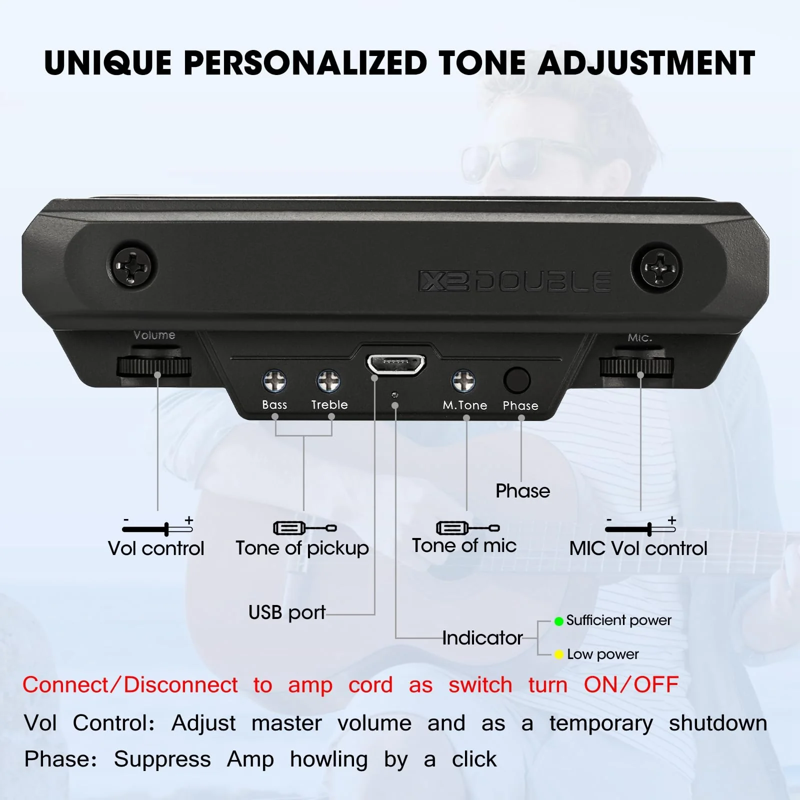 Acoustic Guitar Pickup Rechargable Active Soundhole Guitar Pickup Adjustable Pickup for Guitar Magnetic Coil Build-in Volume Control Guitar Microphone Acoustic Pickup Wired Guitar Pickup Black - Image 4