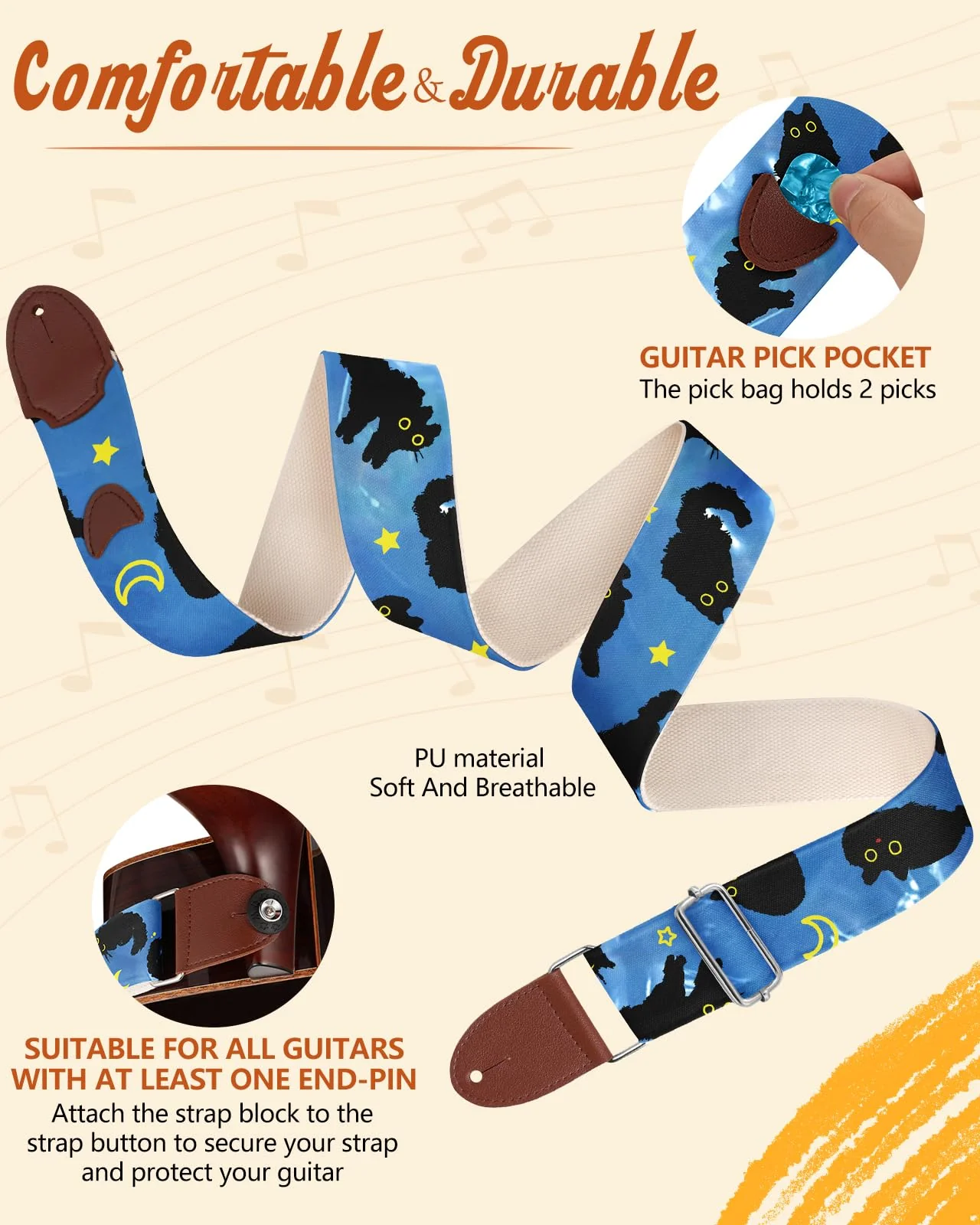 Acoustic Guitar Strap for Ukulele Bass Classical Electric Guitar Correa para Guitarra Adult Size Cool Long Adjustable Blue Cats - Image 3