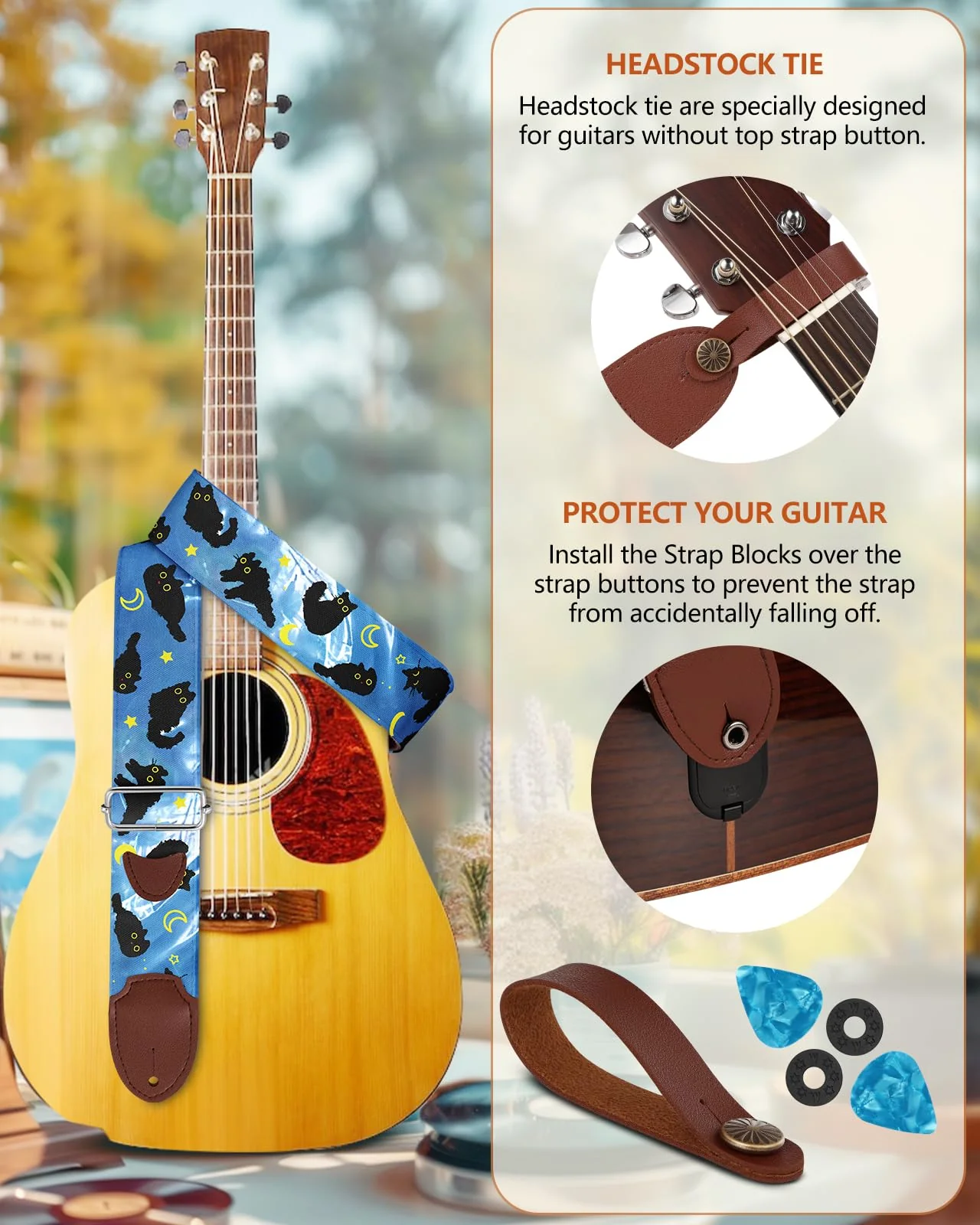 Acoustic Guitar Strap for Ukulele Bass Classical Electric Guitar Correa para Guitarra Adult Size Cool Long Adjustable Blue Cats - Image 5