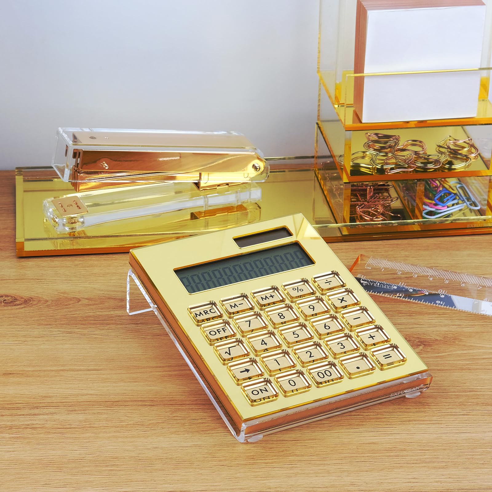 Acrylic Calculator with Stand, Battery and Solar Hybrid Powered Basic Calculator 12-Digit LCD Display,Home Office Desktop Accessories(Gold) Gold - Image 2