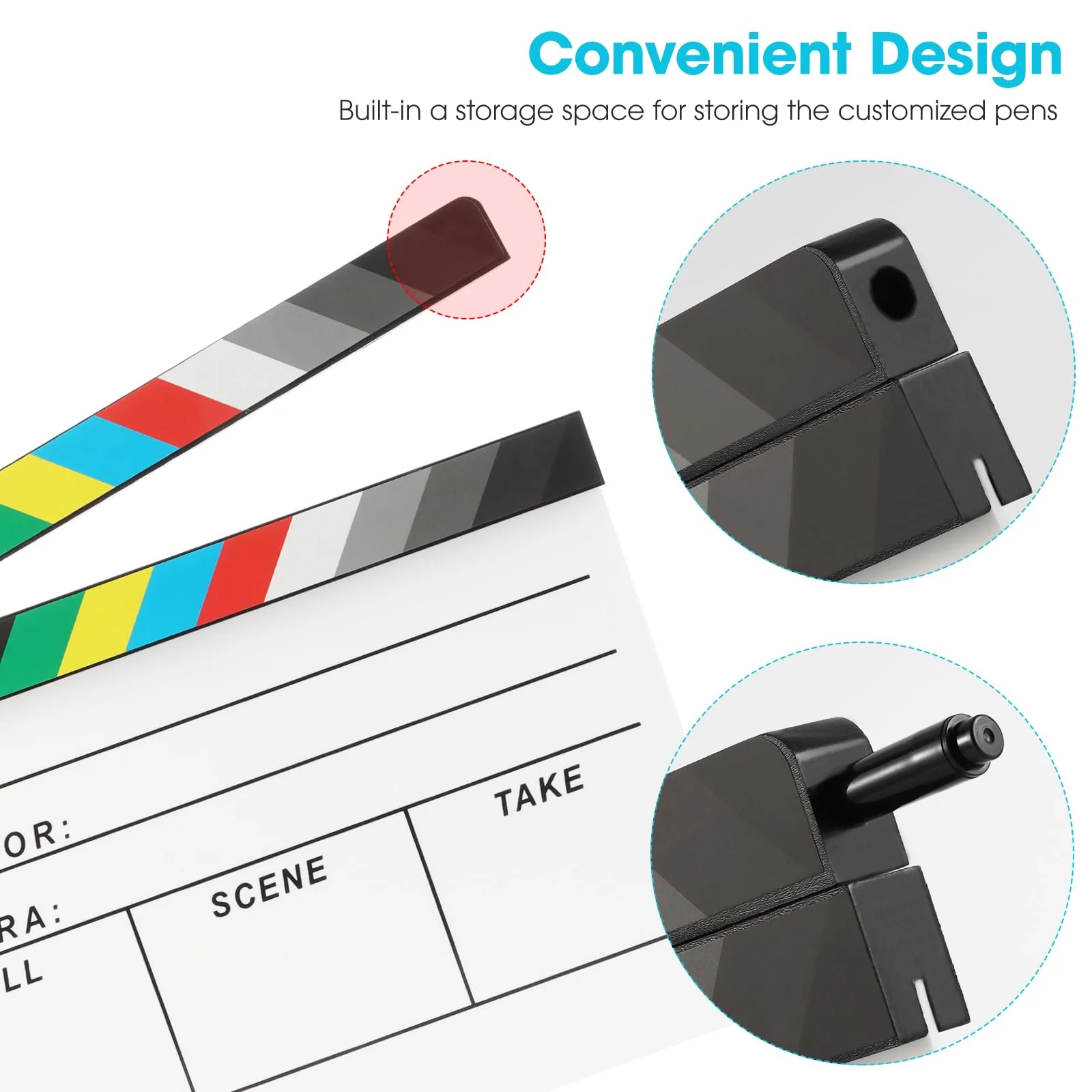 Acrylic Movie Film Directors Clapboard, Photography Video TV Cut Action Scene Slate Clapper Board Props with a Magnetic Blackboard Eraser, Two Custom Pens, Cleaning Cloth and Hex Wrench, White - Image 2