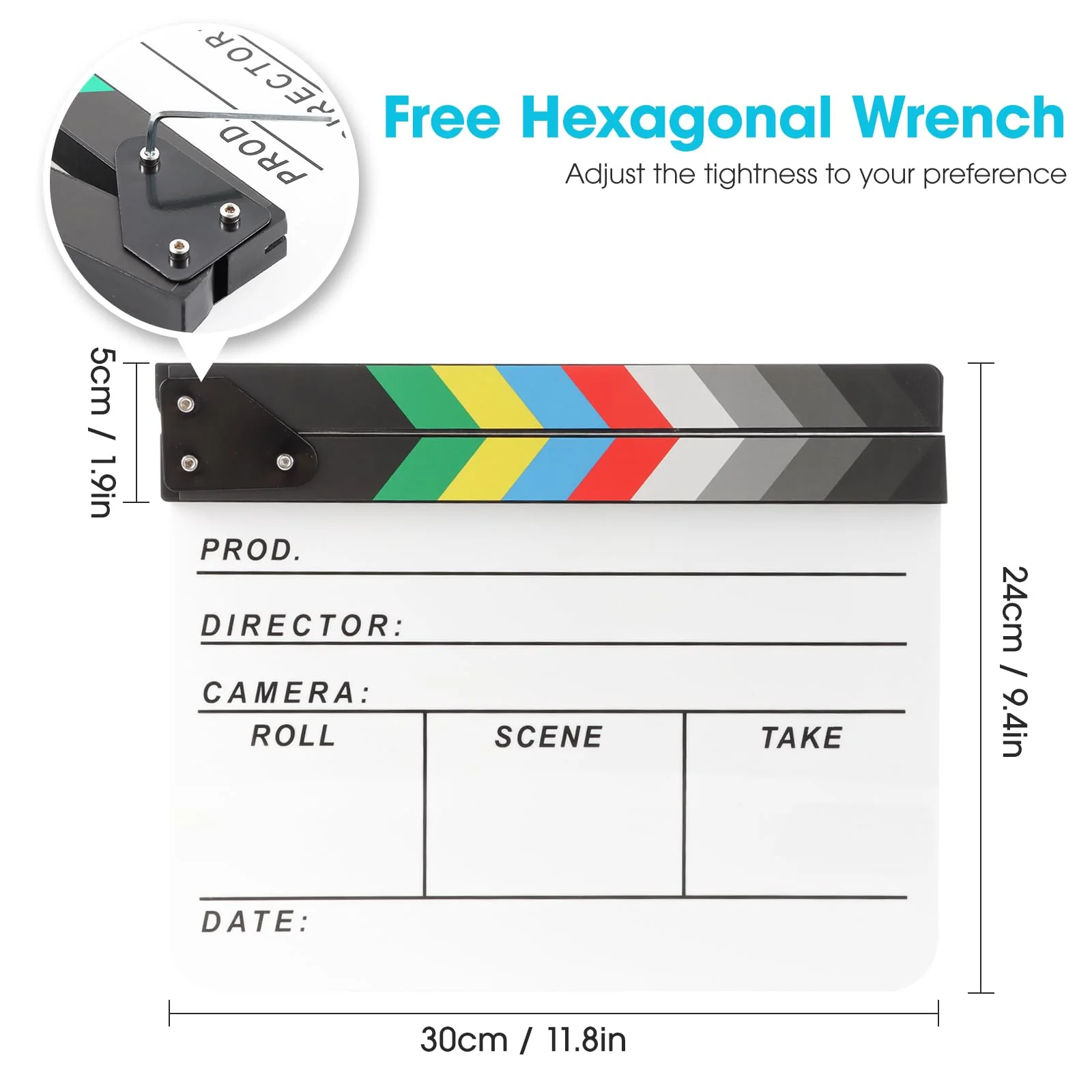 Acrylic Movie Film Directors Clapboard, Photography Video TV Cut Action Scene Slate Clapper Board Props with a Magnetic Blackboard Eraser, Two Custom Pens, Cleaning Cloth and Hex Wrench, White - Image 3