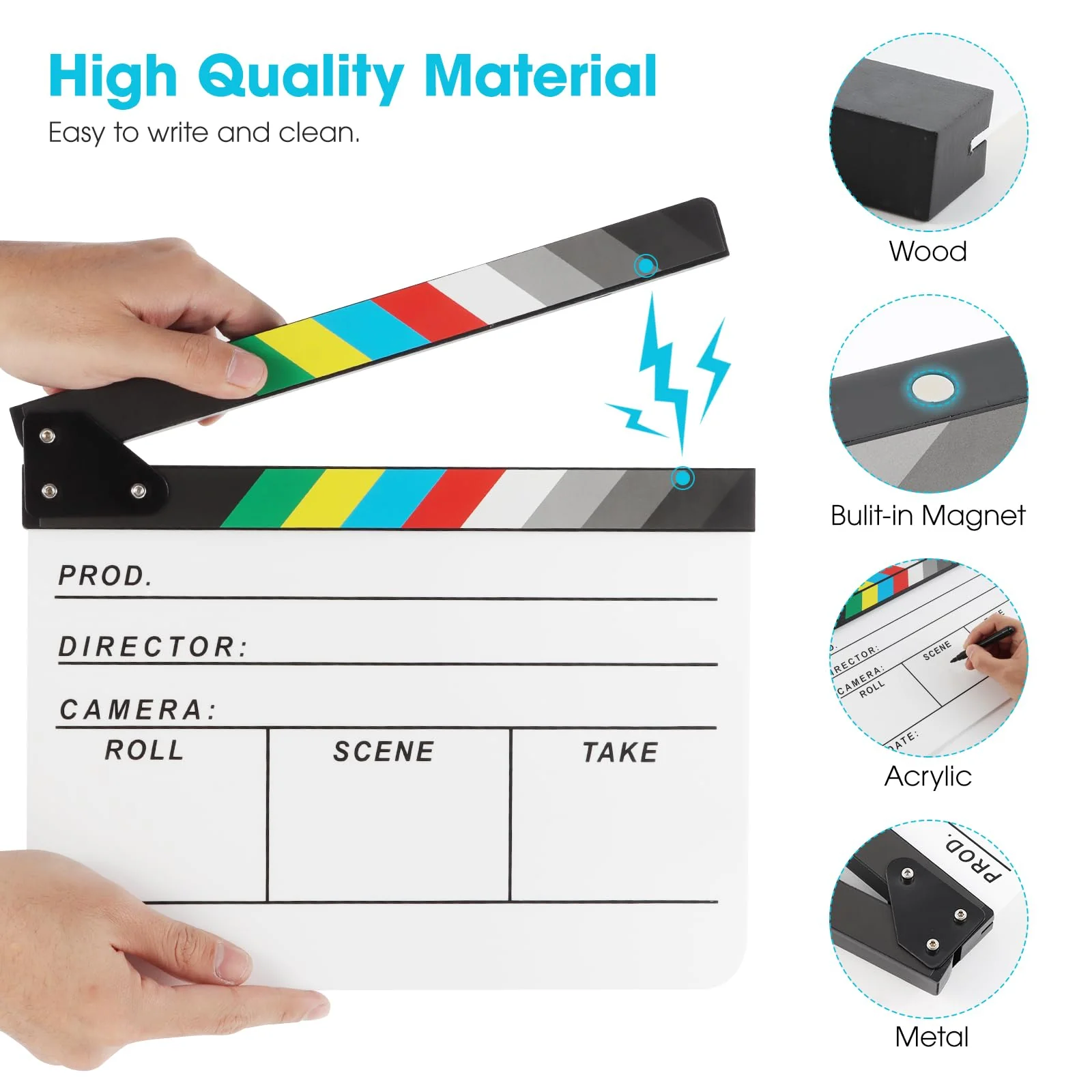 Acrylic Movie Film Directors Clapboard, Photography Video TV Cut Action Scene Slate Clapper Board Props with a Magnetic Blackboard Eraser, Two Custom Pens, Cleaning Cloth and Hex Wrench, White - Image 4