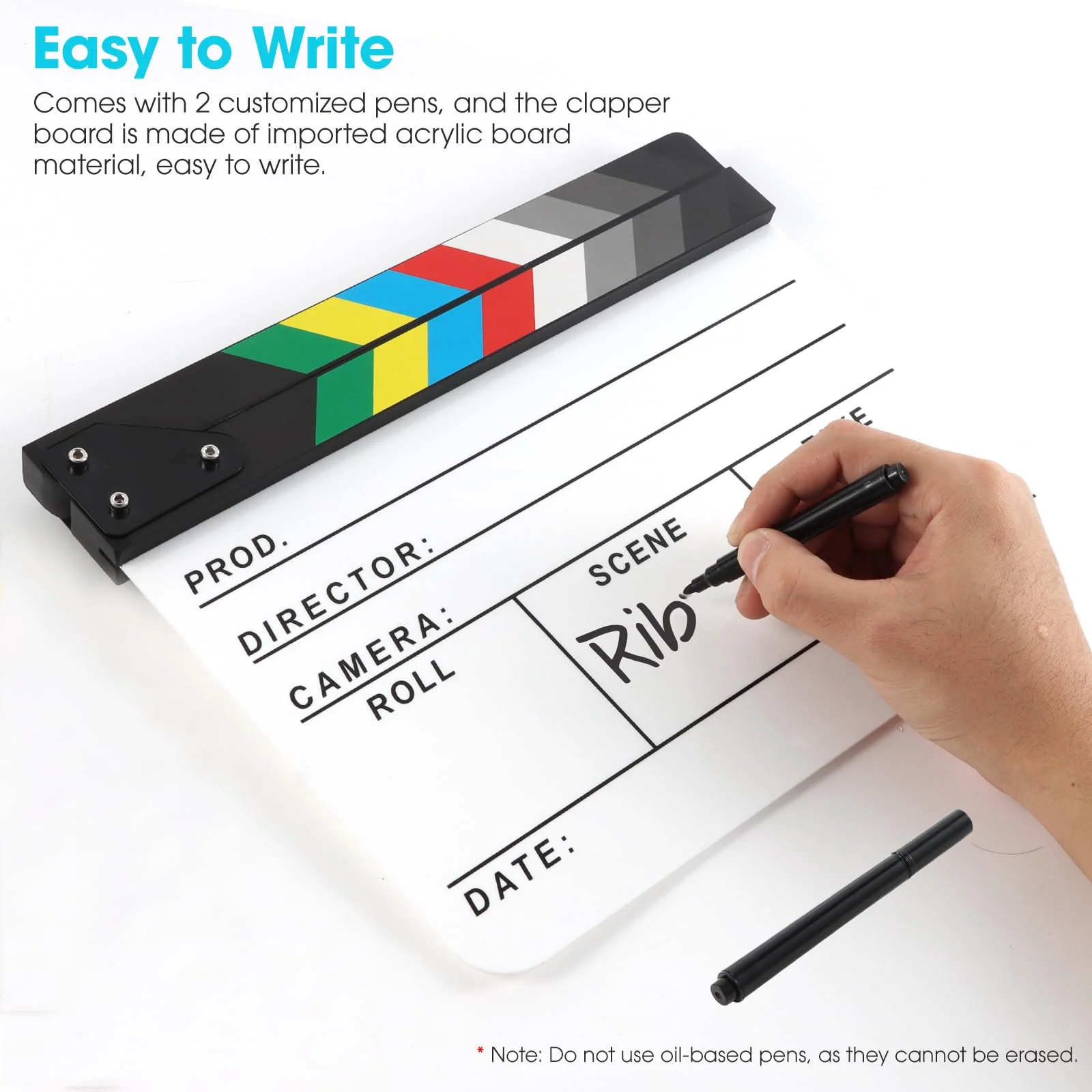 Acrylic Movie Film Directors Clapboard, Photography Video TV Cut Action Scene Slate Clapper Board Props with a Magnetic Blackboard Eraser, Two Custom Pens, Cleaning Cloth and Hex Wrench, White - Image 5