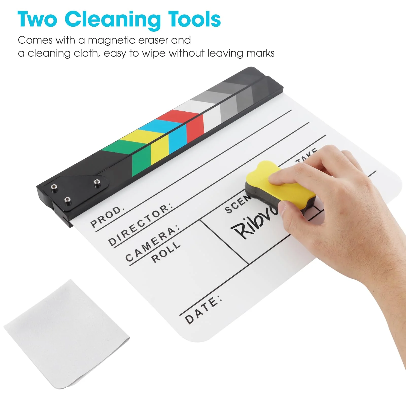 Acrylic Movie Film Directors Clapboard, Photography Video TV Cut Action Scene Slate Clapper Board Props with a Magnetic Blackboard Eraser, Two Custom Pens, Cleaning Cloth and Hex Wrench, White - Image 6