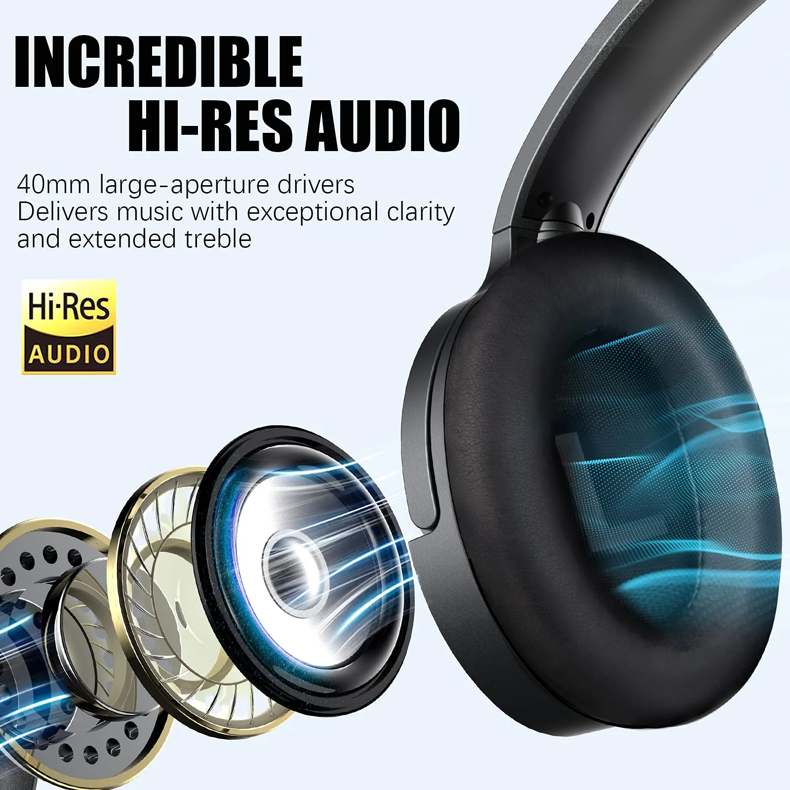 Active Noise Cancelling Headphones, 100H Playtime Headphones Wireless Bluetooth, Bluetooth Headphones with Microphone, Over- Ear Wireless Headphones with Deep Bass for Travel (Pure black) Pure black - Image 2