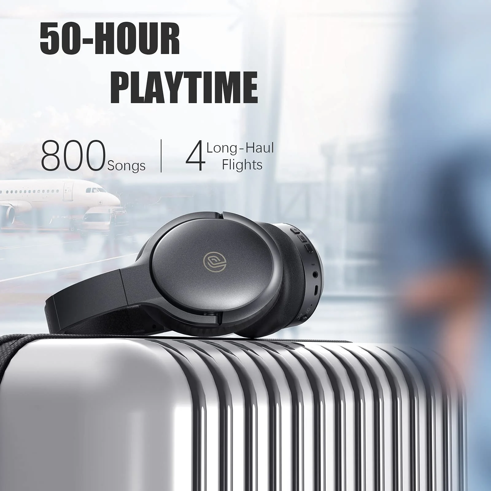 Active Noise Cancelling Headphones, 100H Playtime Headphones Wireless Bluetooth, Bluetooth Headphones with Microphone, Over- Ear Wireless Headphones with Deep Bass for Travel (Pure black) Pure black - Image 3