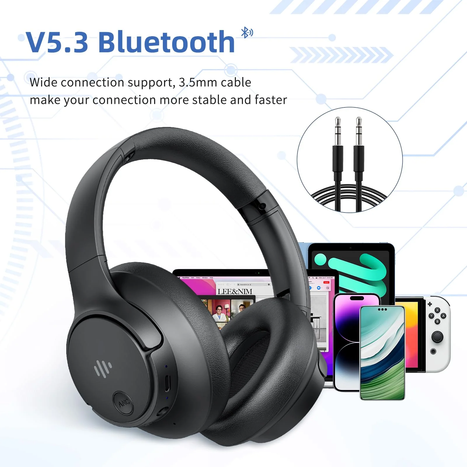 Active Noise Cancelling Headphones,Wireless Over Ear Bluetooth Headphones with Microphone, Transparency Mode, 70H Play Time, Hi-Res Audio,(Deep Bass,) Lightweight Design, Bluetooth 5.3-Black - Image 3