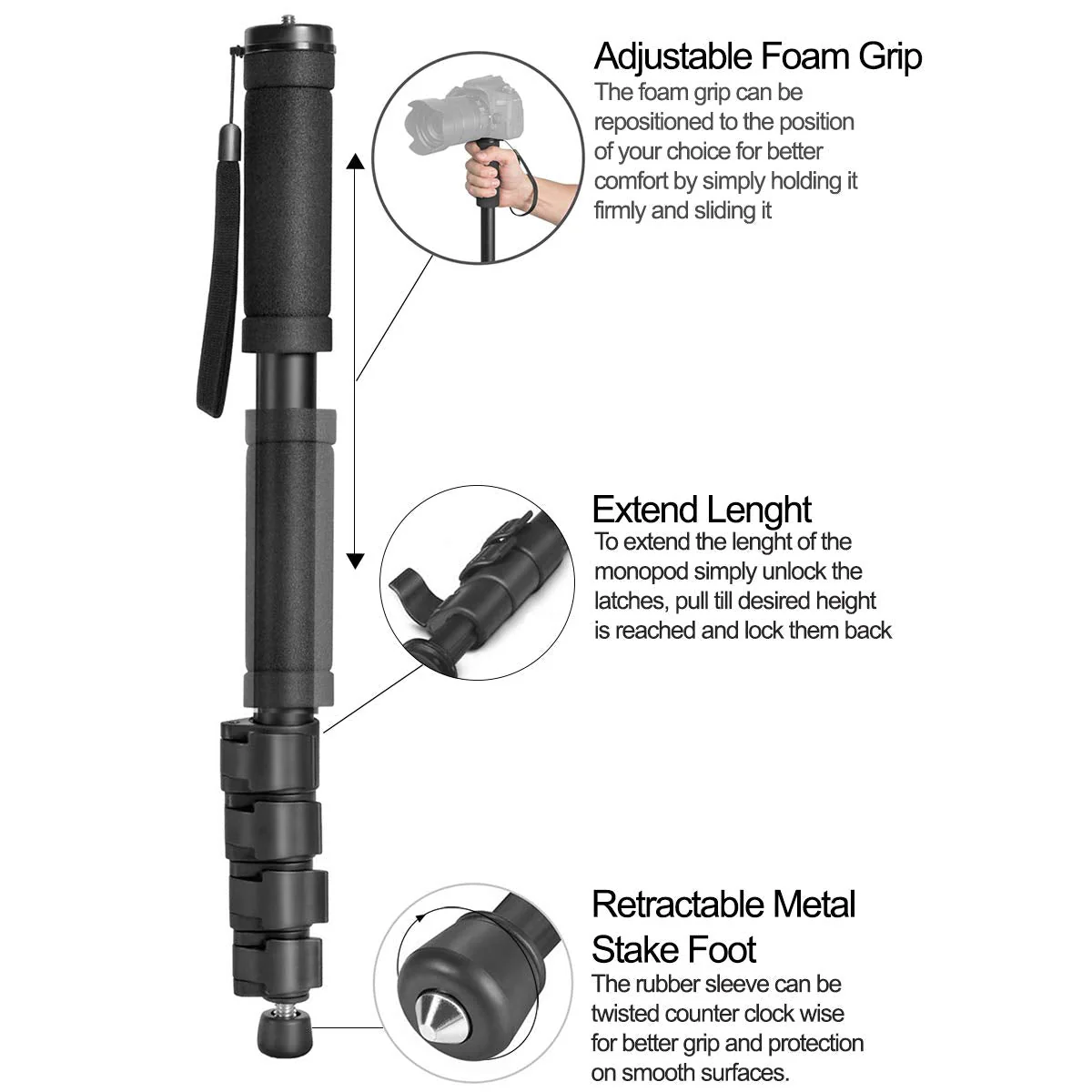 Acuvar 62" Inch Monopod with Integrated Safety Strap and 4 Section Extending Pole for All Digital Cameras, DSLR, Mirrorless, Compact Cameras - Image 3