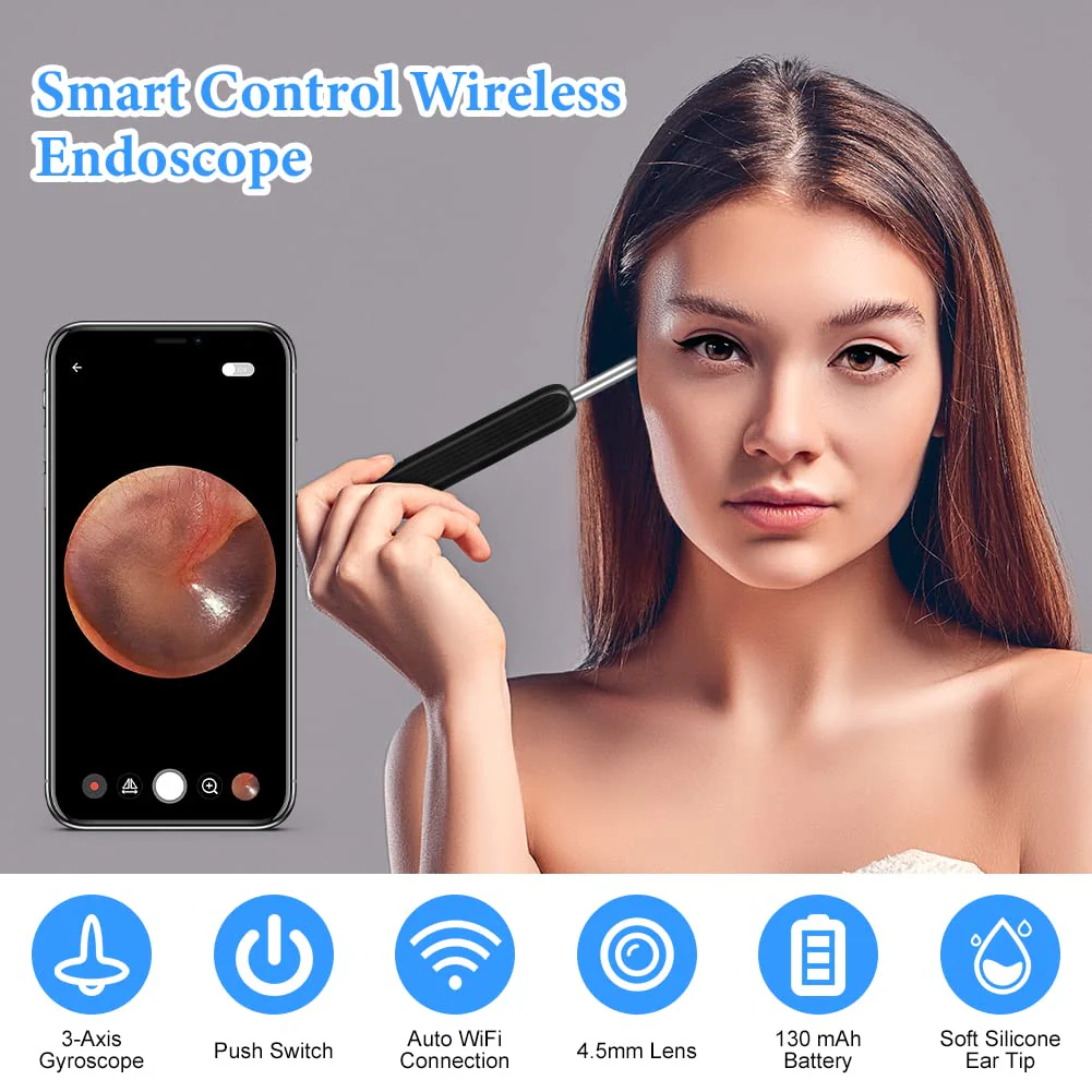 ACWOO Ear Wax Remover Otoscope, Ear Cleaner Camera Ultra Thin, IP67 Waterproof Ear Endoscope Ear Cleaner for Adults, Wireless HD Otoscope for Adults, Children and Pets, Black - Image 2