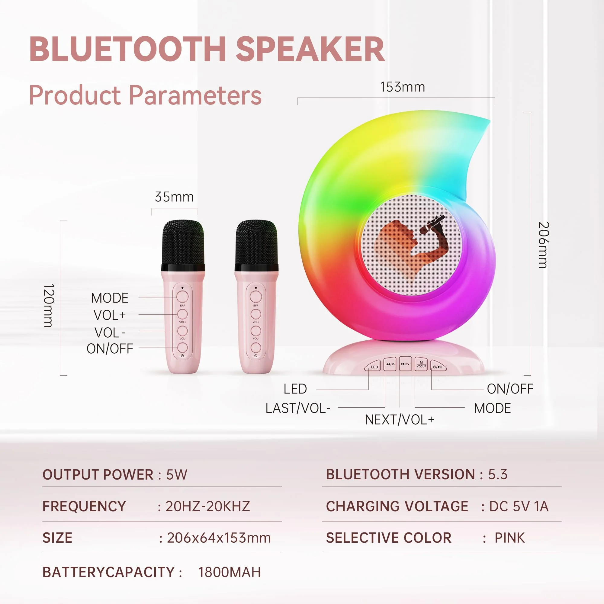 Adamantite Karaoke Machine for Kids and Adults, Conch Mini Portable Kids Microphone - Bluetooth Speaker with 2 Microphones, Home Party Karaoke Speaker, Birthday Gift (Pink) - Image 2