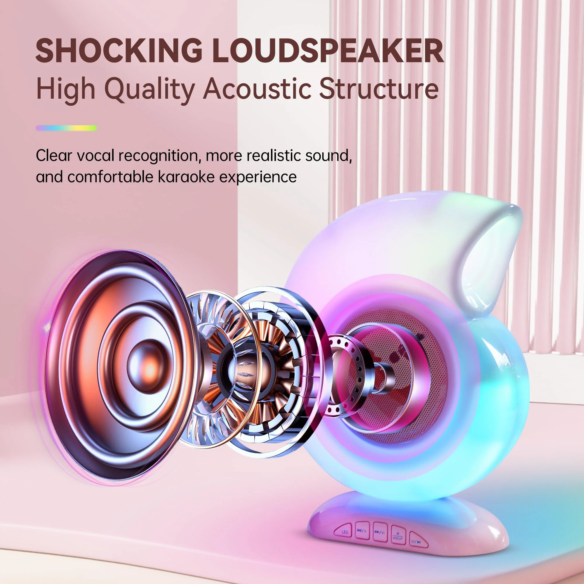 Adamantite Karaoke Machine for Kids and Adults, Conch Mini Portable Kids Microphone - Bluetooth Speaker with 2 Microphones, Home Party Karaoke Speaker, Birthday Gift (Pink) - Image 3