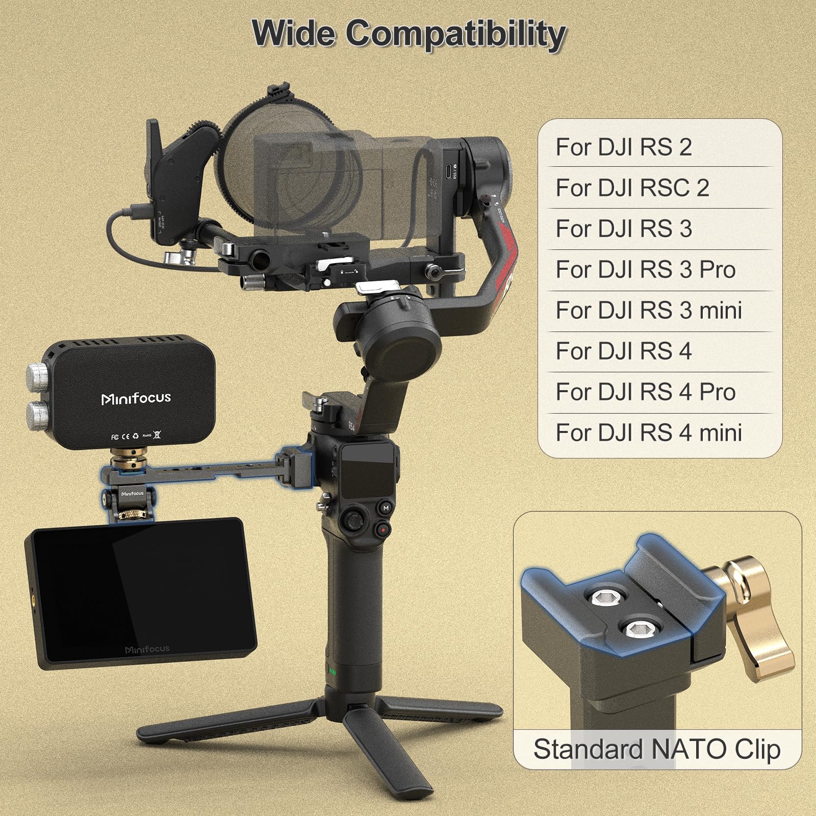 Adjustable Camera Monitor Mount with Quick Release NATO Clamp, Cold Shoe Mount, 360° Rotatable Field Gimbal Monitor Holder for DJI RS 4 Mini/RS 4 / RS 4 Pro/RS 2 / RSC 2 / RS 3 / RS 3 Pro/RS 3 Mini - Image 2