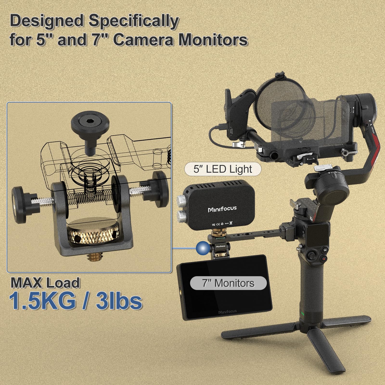 Adjustable Camera Monitor Mount with Quick Release NATO Clamp, Cold Shoe Mount, 360° Rotatable Field Gimbal Monitor Holder for DJI RS 4 Mini/RS 4 / RS 4 Pro/RS 2 / RSC 2 / RS 3 / RS 3 Pro/RS 3 Mini - Image 8