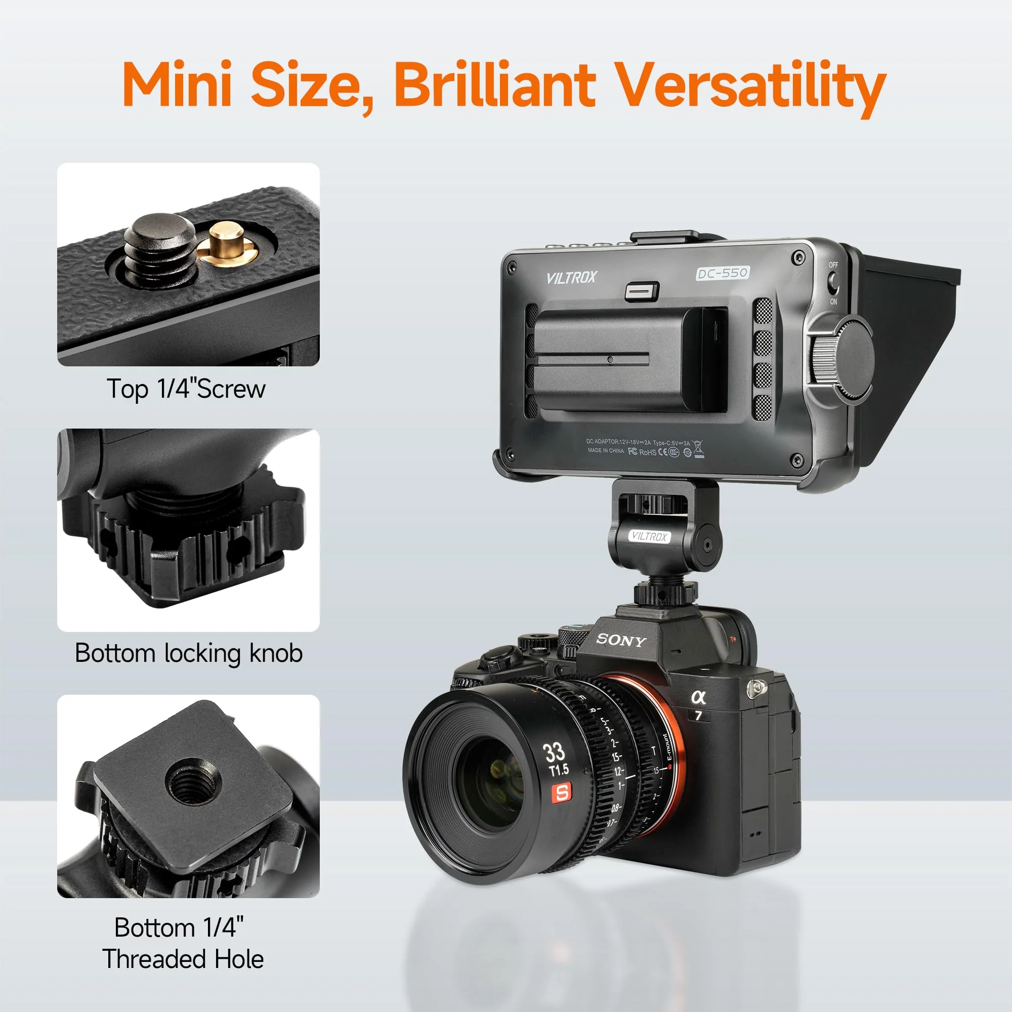 Adjustable Gimbal Monitor Cold Shoe Adapter, Metal Field Monitor Mount Holder, 360 Degree Swivel and Tilt Adjustable Monitor Mount Bracket with Cold Shoe Mount, Locating Pin Design Cold Hot Adapter - Image 2