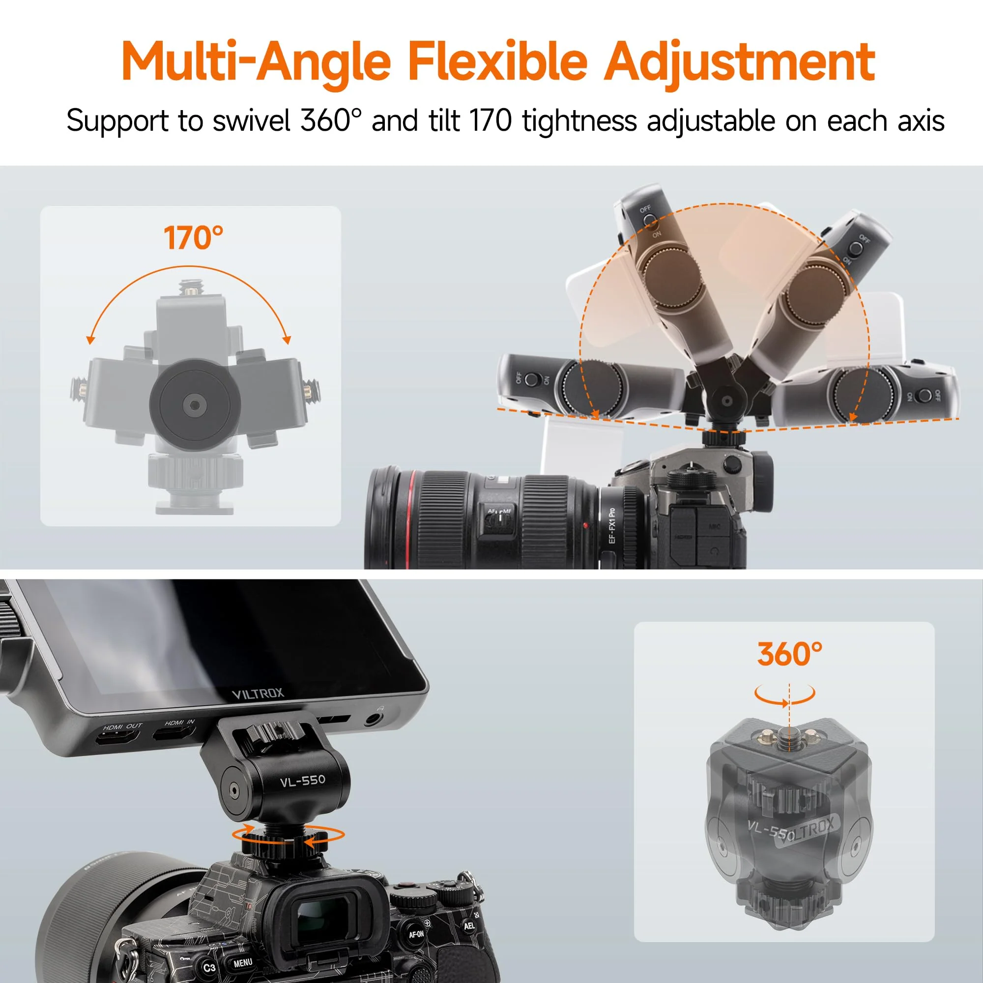 Adjustable Gimbal Monitor Cold Shoe Adapter, Metal Field Monitor Mount Holder, 360 Degree Swivel and Tilt Adjustable Monitor Mount Bracket with Cold Shoe Mount, Locating Pin Design Cold Hot Adapter - Image 4