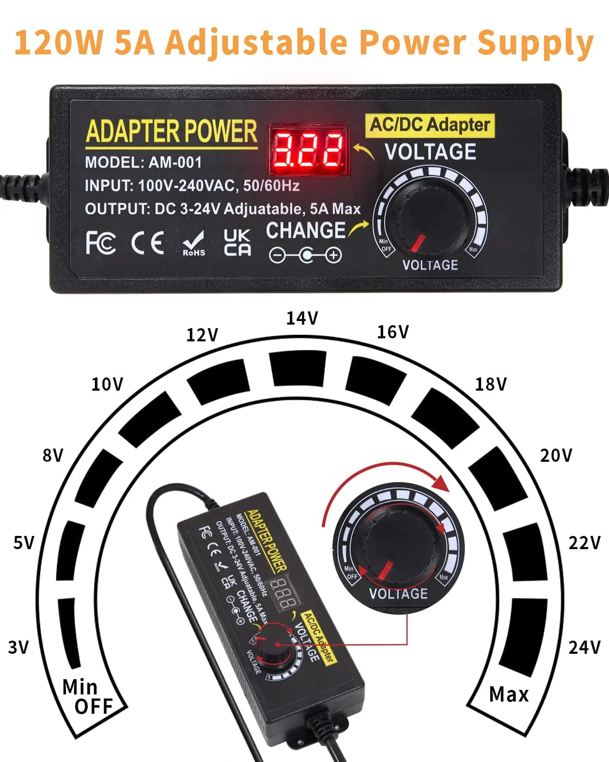 Adjustable Power Adapter 3-24V 5A 120W, Universal Power Supply 5A 120W Adjustable Power Supply Adapter, 100V-240V AC to DC 5A Power Supply with LED Voltage Display and 5.5 x 2.5 mm 14 Tips & Polarity - Image 2