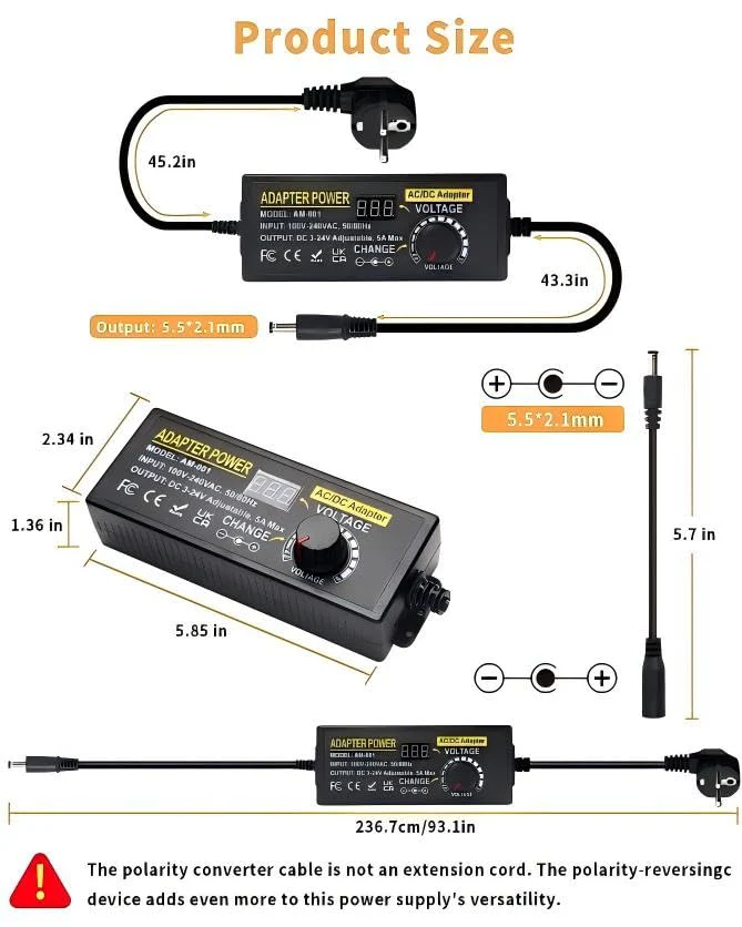 Adjustable Power Adapter 3-24V 5A 120W, Universal Power Supply 5A 120W Adjustable Power Supply Adapter, 100V-240V AC to DC 5A Power Supply with LED Voltage Display and 5.5 x 2.5 mm 14 Tips & Polarity - Image 3
