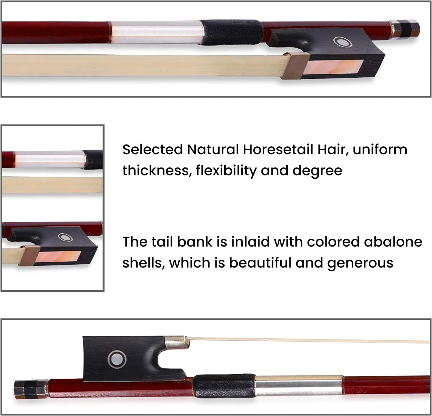 ADM 4/4 Full Size Student Violin Bow, Well Balanced Handmade Brazilwood Bow with Horsehair, Ebony Frog with Pearl Eye and Pearl Slide, Brown 4/4 Size - Image 6