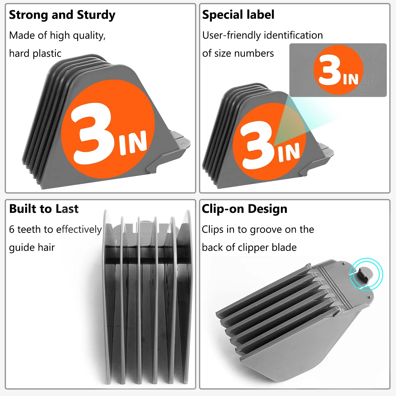 AFANSO Mega Hair Clipper Guards, 8pcs Gray, Fits Most Wahl Full Size Hair Clippers (3 Inch 8pcs) 3 Inch 8 Pieces Gray - Image 2