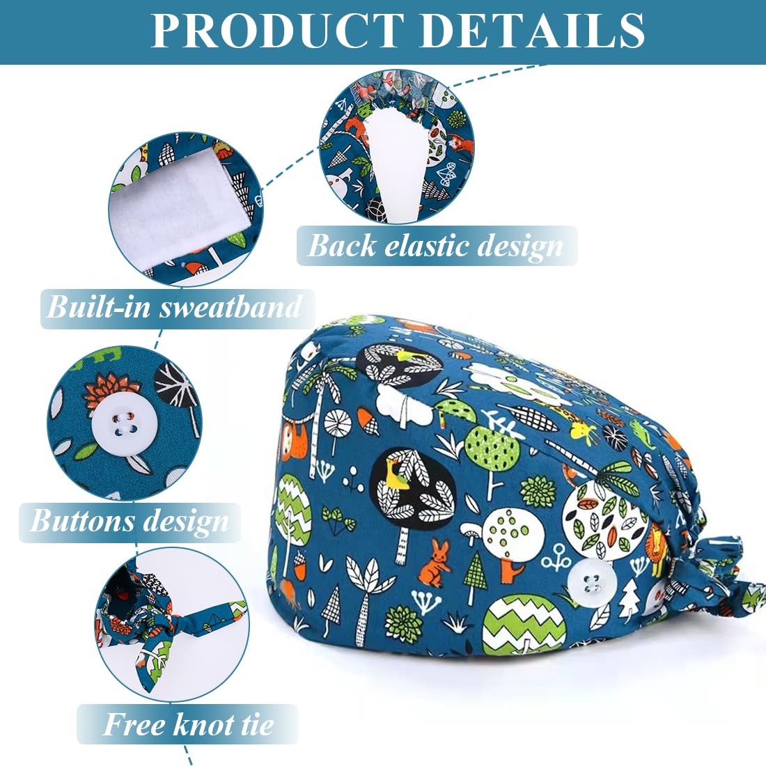 AFCJLTO 1 x Cotton Print Surgical Cap, Adjustable with Button, for Medical Professionals, Universal for Women and Men, Ideal for Personal Care Needs and Protection from Dust - Image 3