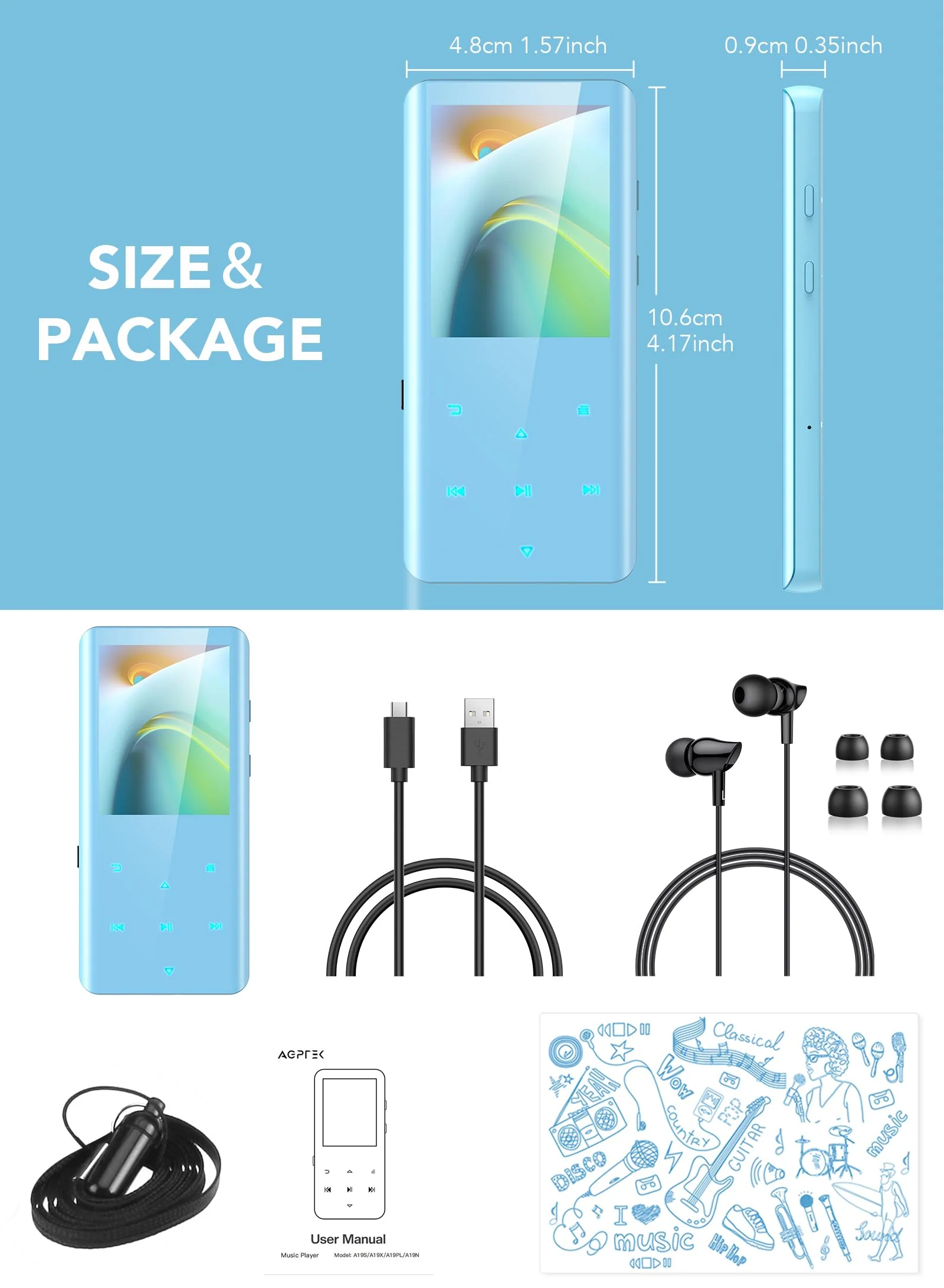 AGPTEK 64GB MP3 Player with Bluetooth 5.3, A19PL 2.4" Curved Screen Portable Music Player with Speaker Lossless Sound with FM Radio, Voice Recorder, Supports up to 128GB, Blue - Image 7