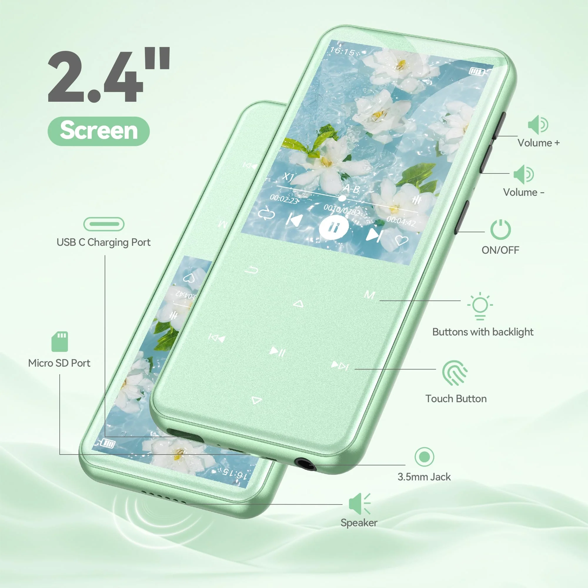 AGPTEK 64GB MP3 Player with Bluetooth, M3 2.4 inch Music Player with Speaker and FM Radio, Touch Buttons, Supports Up to 128GB (Green) Green - Image 5