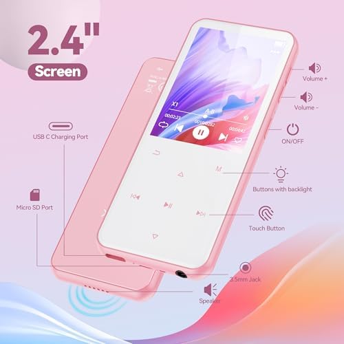 AGPTEK 64GB MP3 Player with Bluetooth, M3 2.4 inch Music Player with Speaker and FM Radio, Touch Buttons, Supports Up to 128GB(Pink) Pink - Image 2