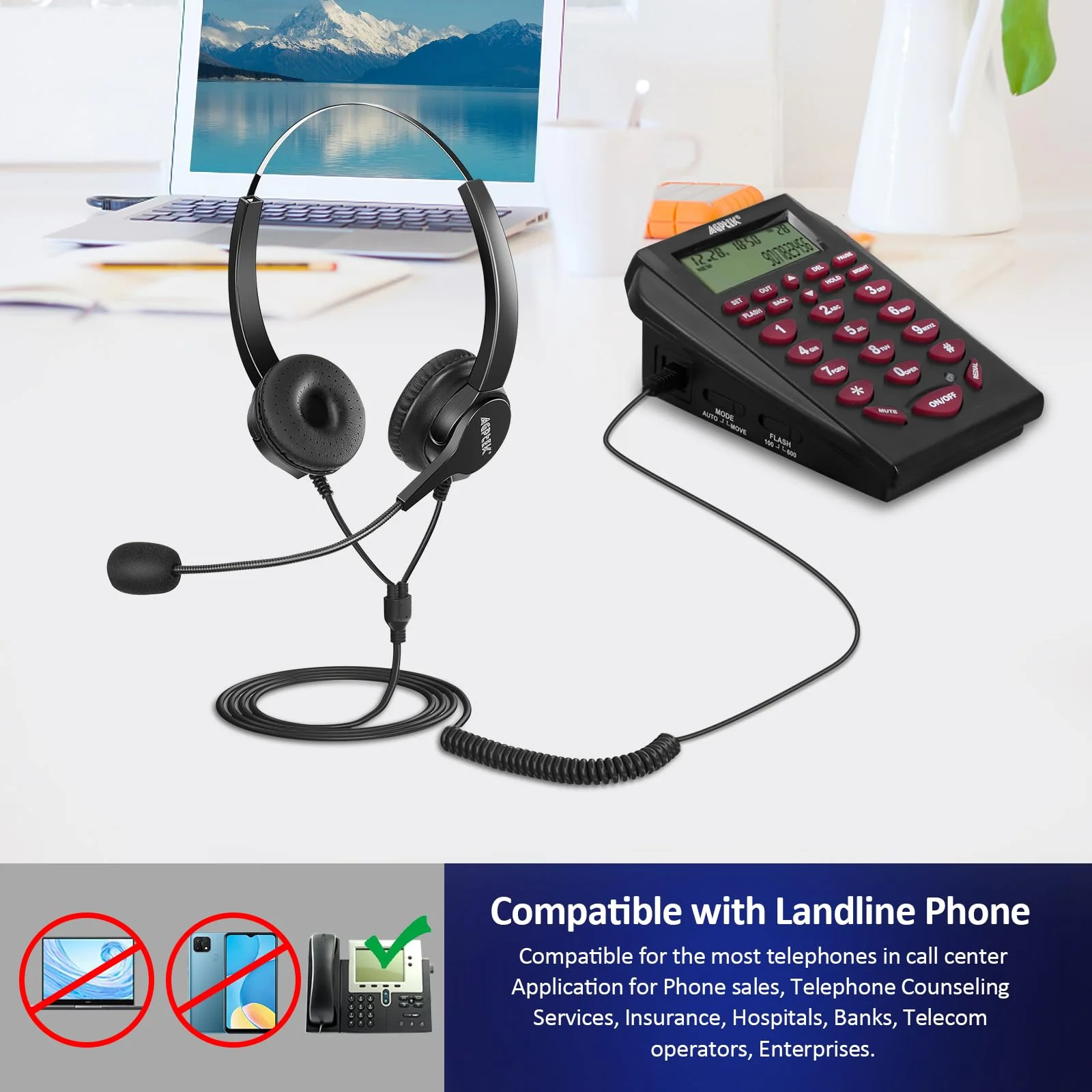 AGPtEK UPGRADED Call Center Phone, Corded Telephone with Binaural Headset & Dialpad for House Call Center Office - Noise Cancellation - Image 3