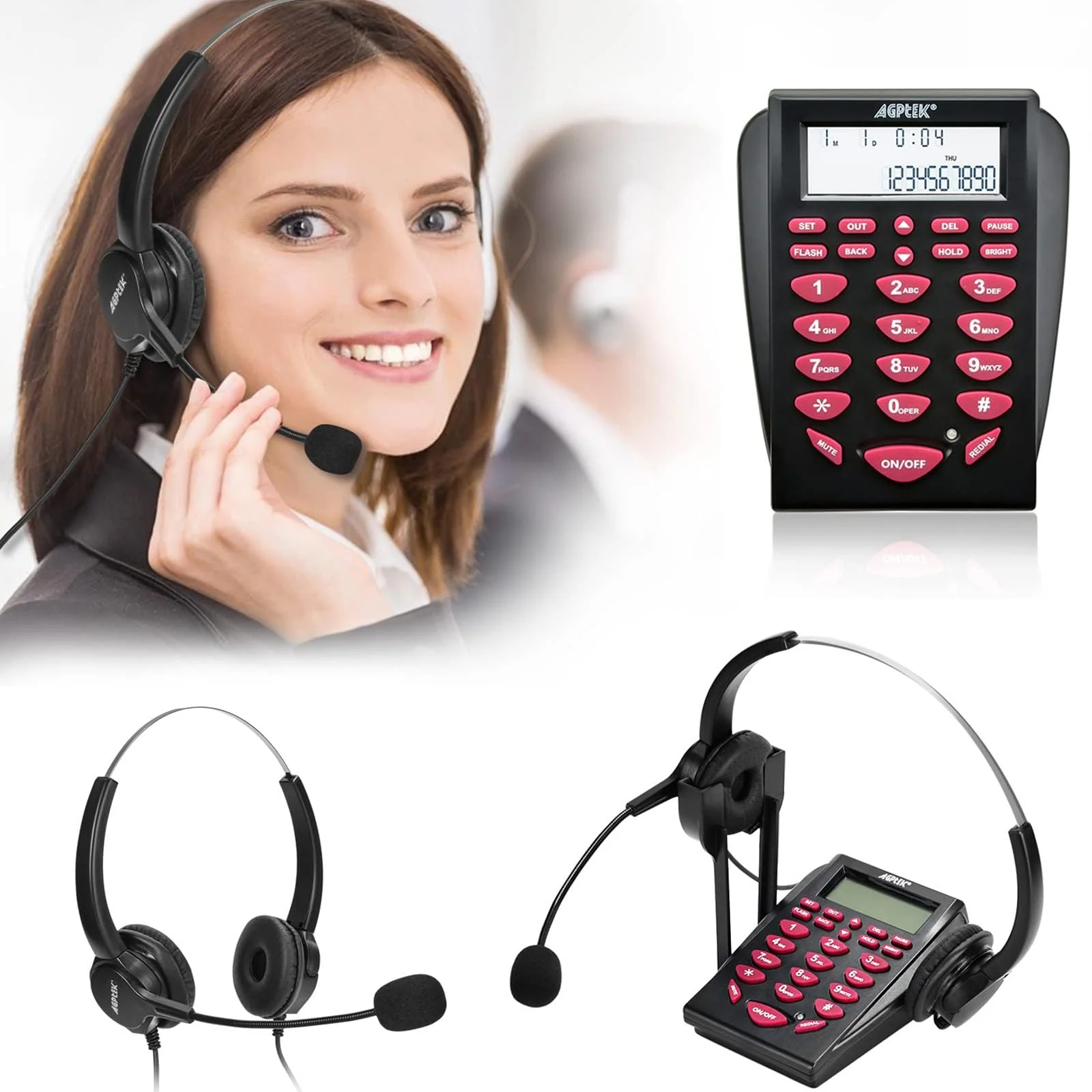 AGPtEK UPGRADED Call Center Phone, Corded Telephone with Binaural Headset & Dialpad for House Call Center Office - Noise Cancellation - Image 8