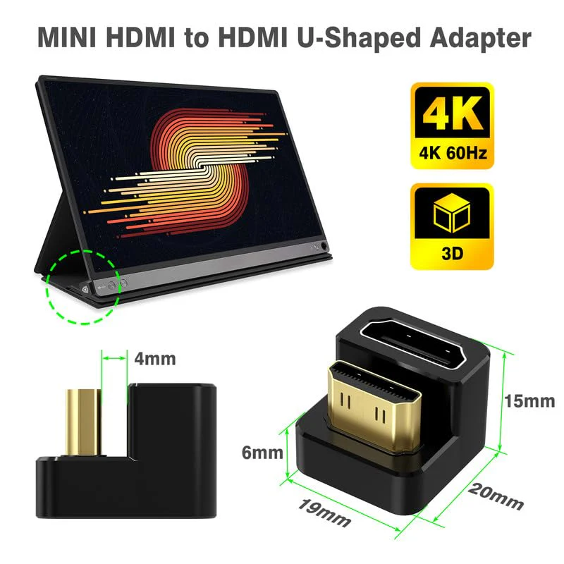 AGVEE 180 Degree Angled USB-C to USB-C Adapter and Long Side Inward U-Shaped Mini HDMI to HDMI Converter, HDMI 2.0 4k@60HZ, Coupler Extender Extension for Portable Display Monitor, Black - Image 5