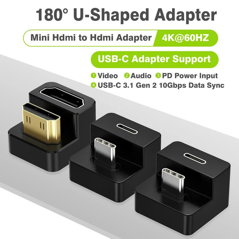 AGVEE 180 Degree Angled USB-C to USB-C Adapter and Long Side Inward U-Shaped Mini HDMI to HDMI Converter, HDMI 2.0 4k@60HZ, Coupler Extender Extension for Portable Display Monitor, Black - Image 7