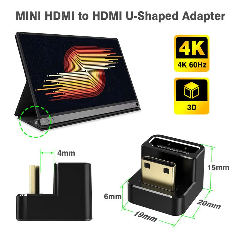 AGVEE 180 Degree Angled USB-C to USB-C Adapter and Short Side Inward U-Shaped Mini HDMI to HDMI Converter, HDMI 2.0 4k@60HZ, Coupler Extender Extension for Portable Display Monitor, Black - Image 5