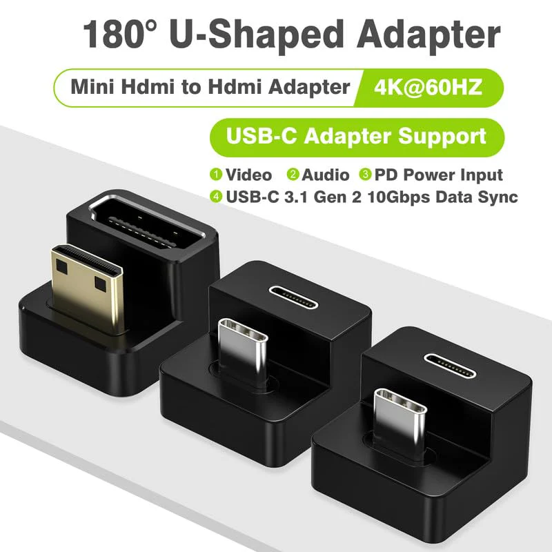 AGVEE 180 Degree Angled USB-C to USB-C Adapter and Short Side Inward U-Shaped Mini HDMI to HDMI Converter, HDMI 2.0 4k@60HZ, Coupler Extender Extension for Portable Display Monitor, Black - Image 7