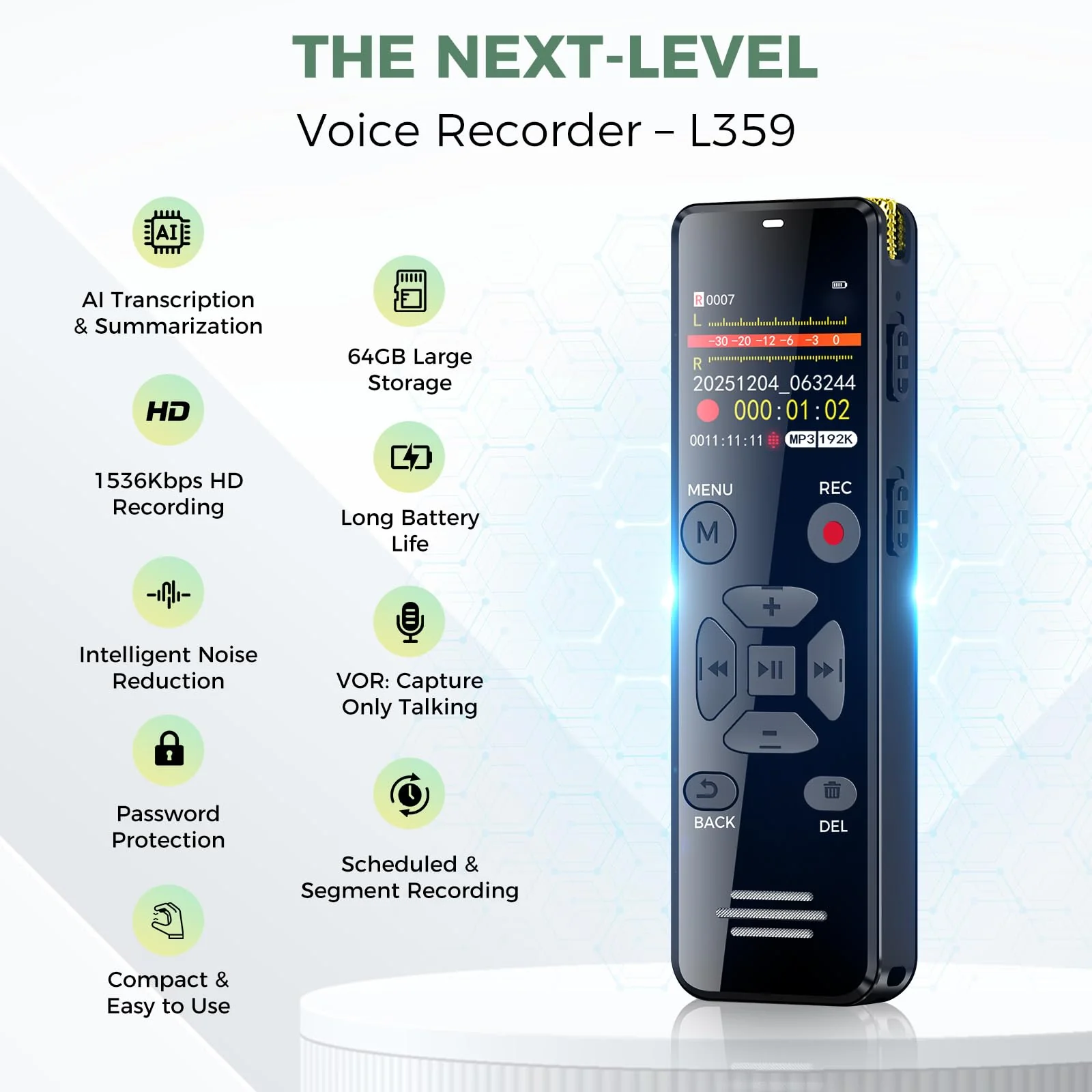 AI Digital Voice Recorder with Playback: AI Transcribe & Summarize Voice Activated Recorder with OTG - Portable Tape Recorder for Meeting & Lectures 64GB - Image 3