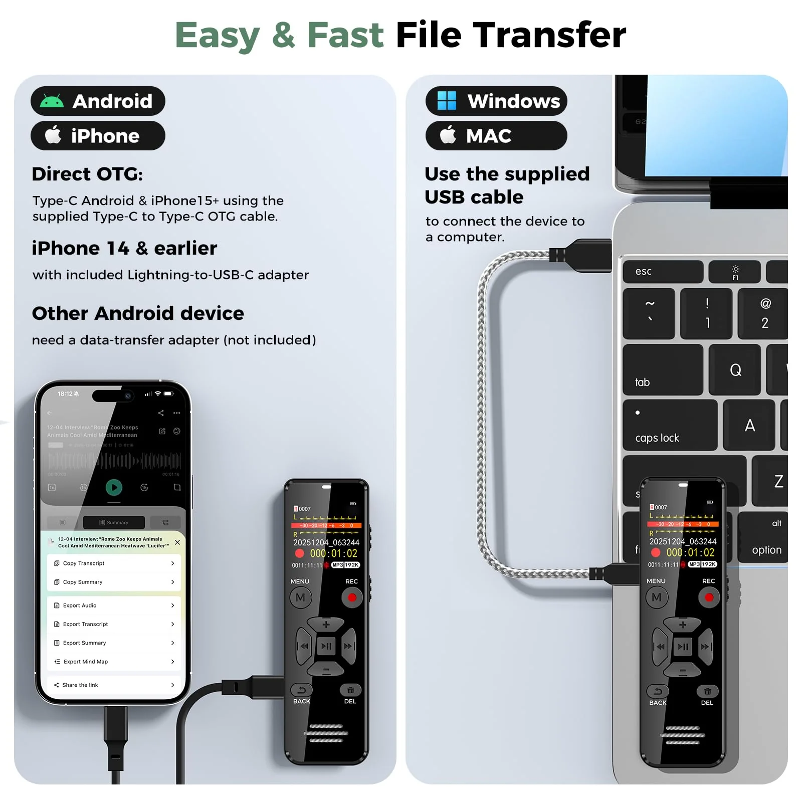AI Digital Voice Recorder with Playback: AI Transcribe & Summarize Voice Activated Recorder with OTG - Portable Tape Recorder for Meeting & Lectures 64GB - Image 5