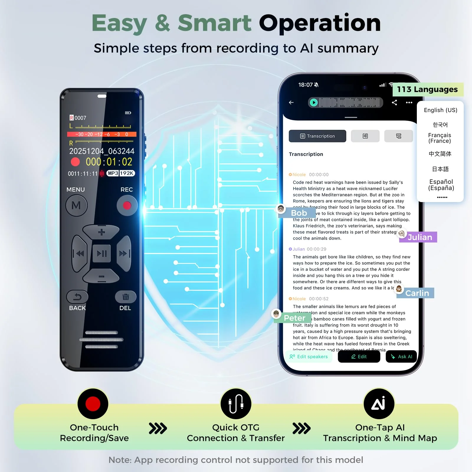 AI Digital Voice Recorder with Playback: AI Transcribe & Summarize Voice Activated Recorder with OTG - Portable Tape Recorder for Meeting & Lectures 64GB - Image 6