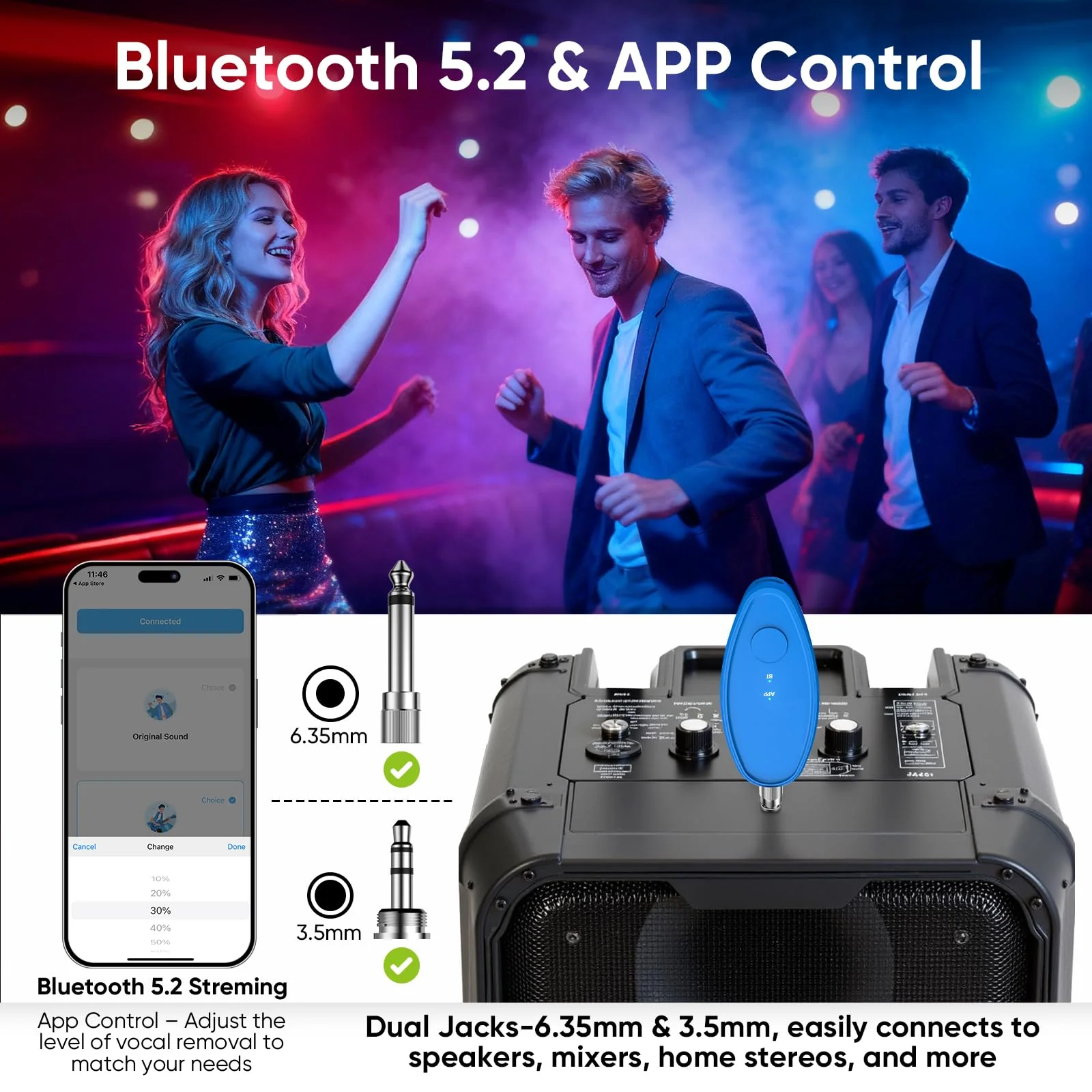 AI Vocal Remover with Bluetooth, Real-Time Voice Elimination with App Control for Party Karaoke, Home Karaoke System & Portable Karaoke Machine, 6.35mm/3.5mm Jacks, Type-C Rechargeable - Image 2