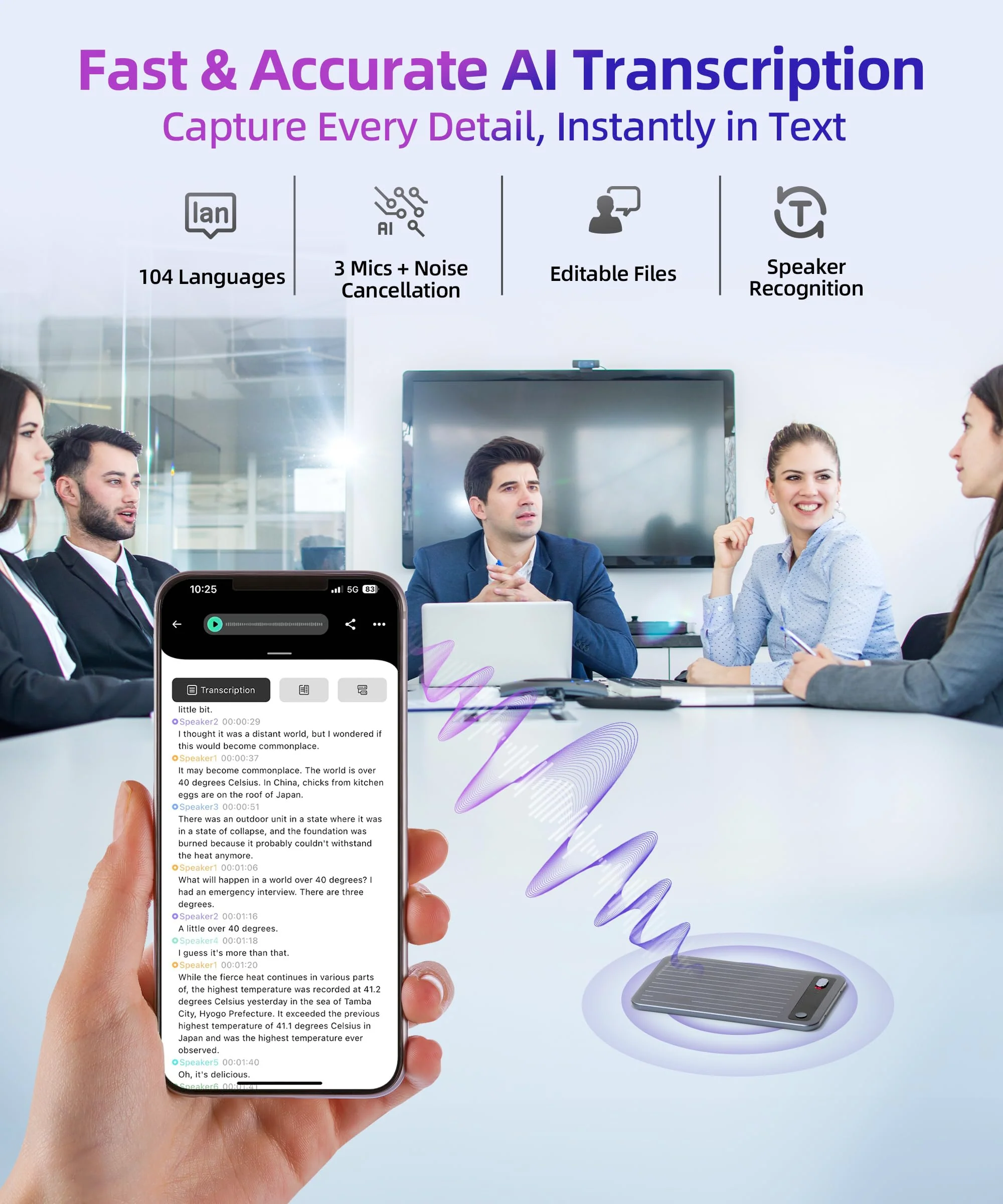 AI Voice Recorder with App Control, Noise Reduction, Transcribe & Summarize with AI Technology, Note-Taking Device Supporting 104 Languages, 64GB Digital Audio Recorder for Meetings and Calls – Gray - Image 2