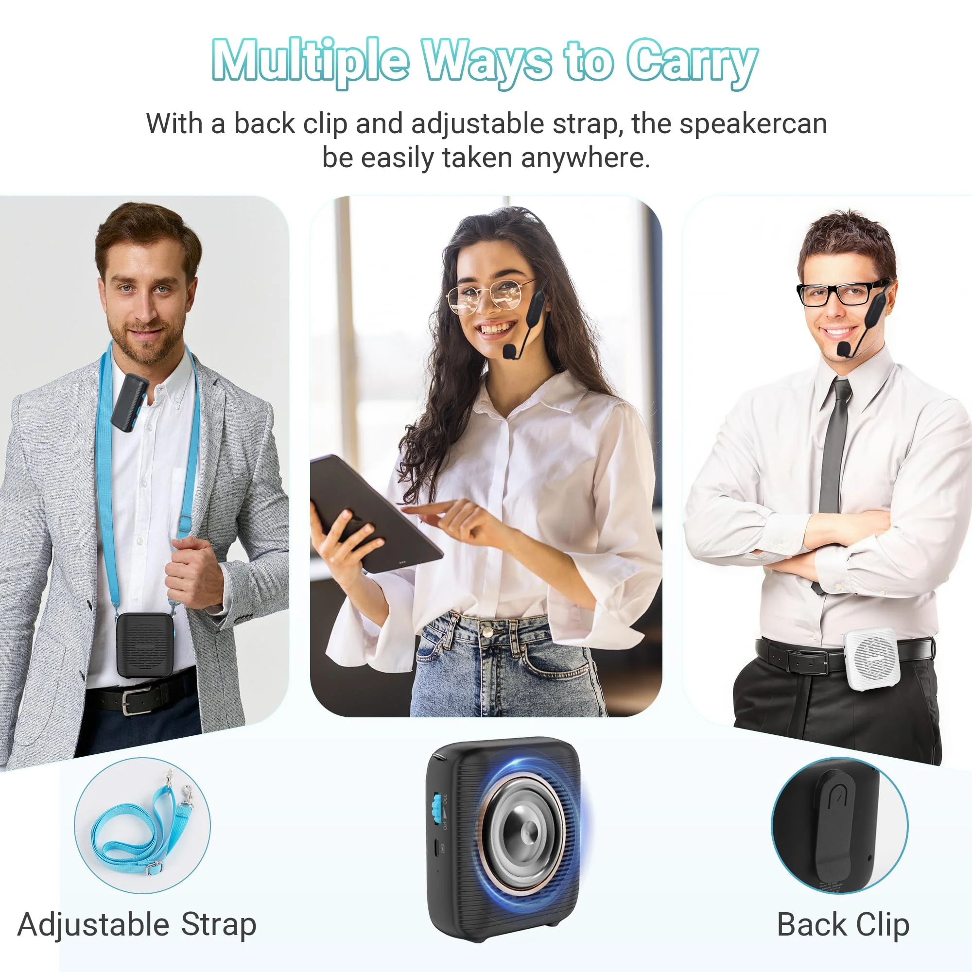 AI Wireless Voice Amplifier with 2 Wireless Mics(1 Lavalier mic & 1 Microphone Headset), Bluetooth 5.3 PA System for Teachers, Tour Guide, Yoga - 15H Rechargeable Battery, Waist-Mount Design Black - Image 4
