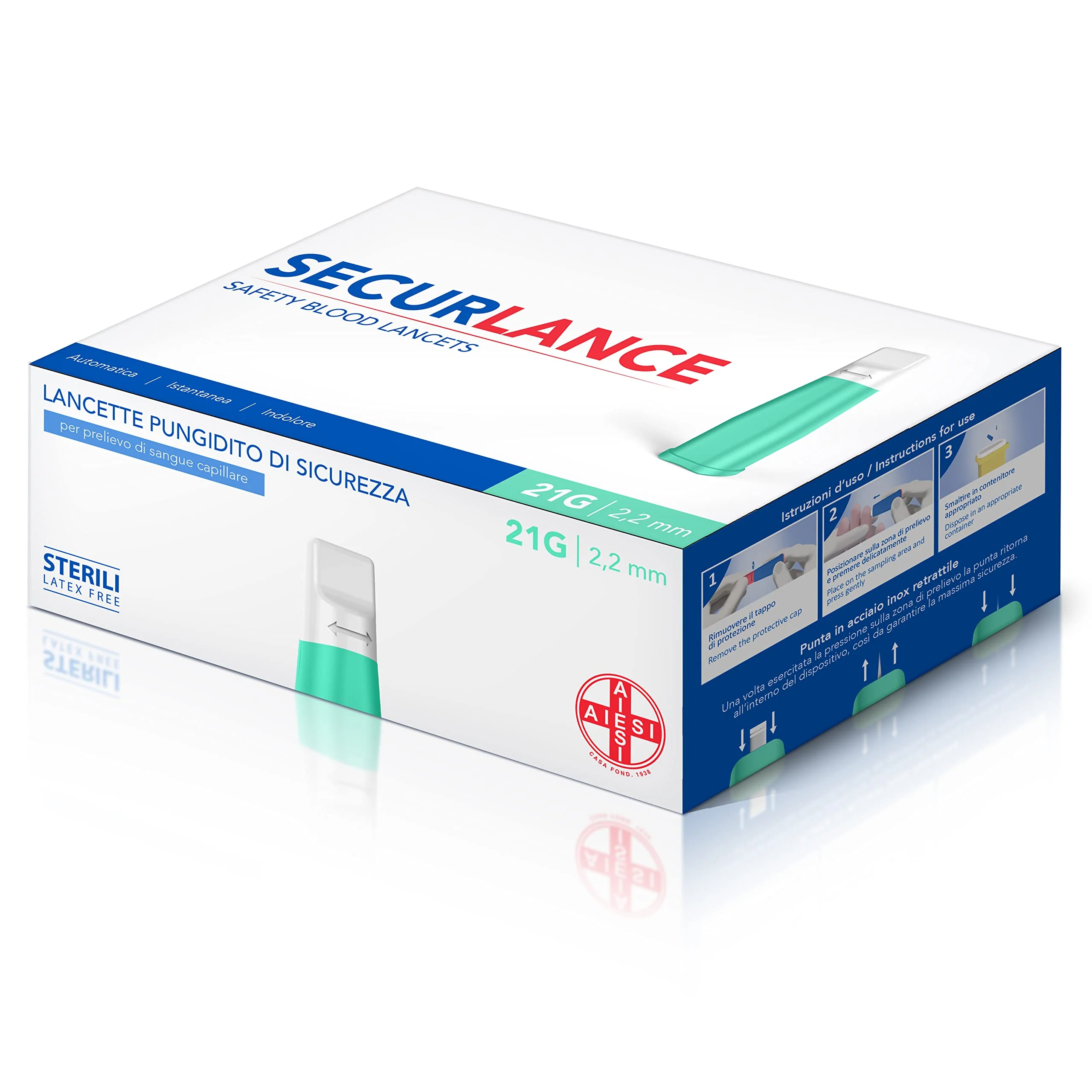 AIESI® Sterile Disposable Lancets with Safety System and Retractable Stainless Steel Tip Needle 21G Securance (Pack of 100) - Image 7