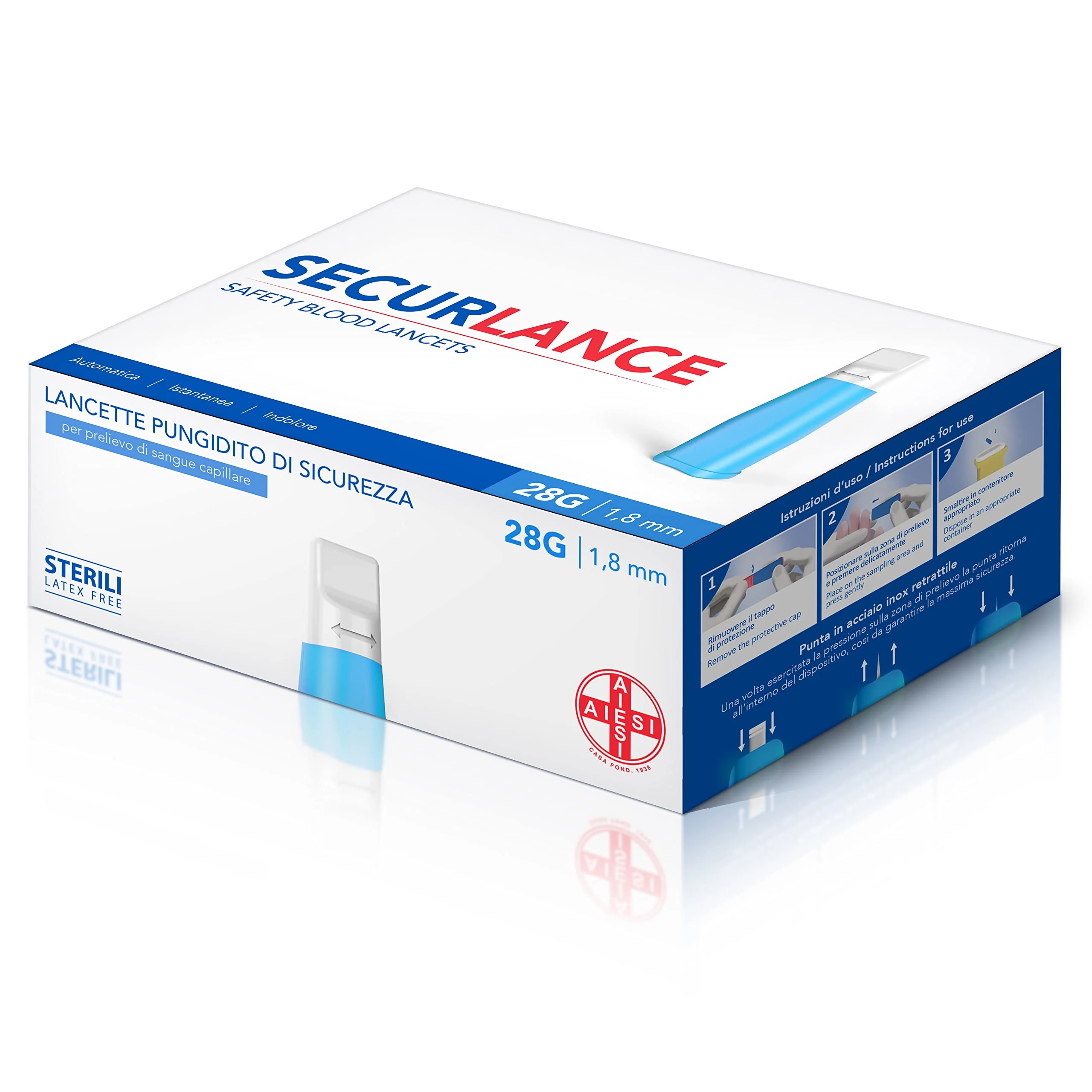AIESI® Sterile Disposable Lancets with Safety System and Retractable Stainless Steel Tip Needle 28G Securance (Pack of 100) - Image 7