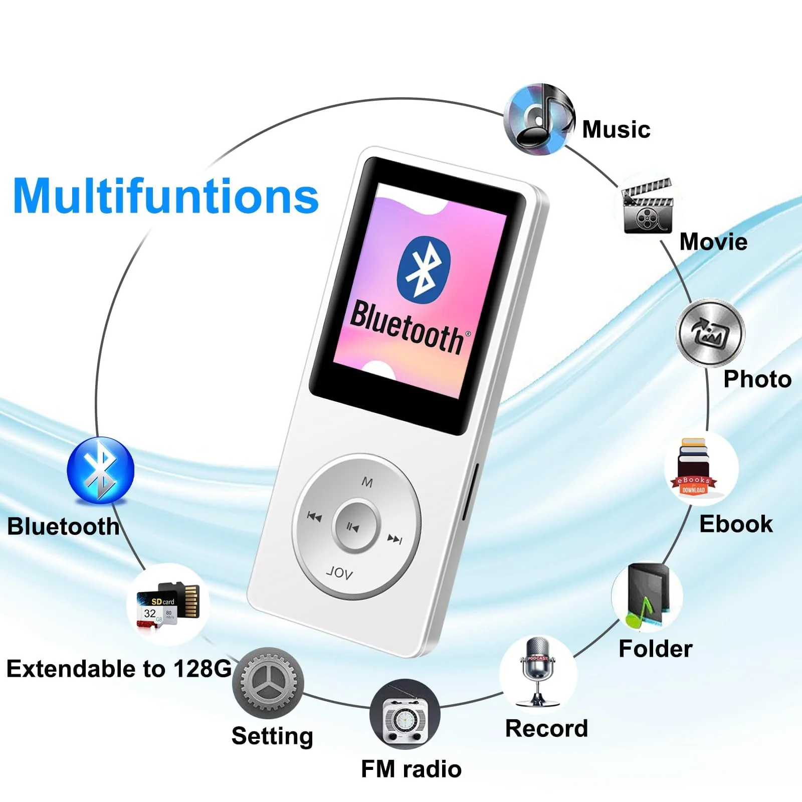 Aigital MP3 Player with Bluetooth and 32GB TF Card, HiFi Music Player with Built-in Speaker and Earphones, Multifunctional MP3 Players with FM/Recording/E-Book/Video,Silver White - Image 2