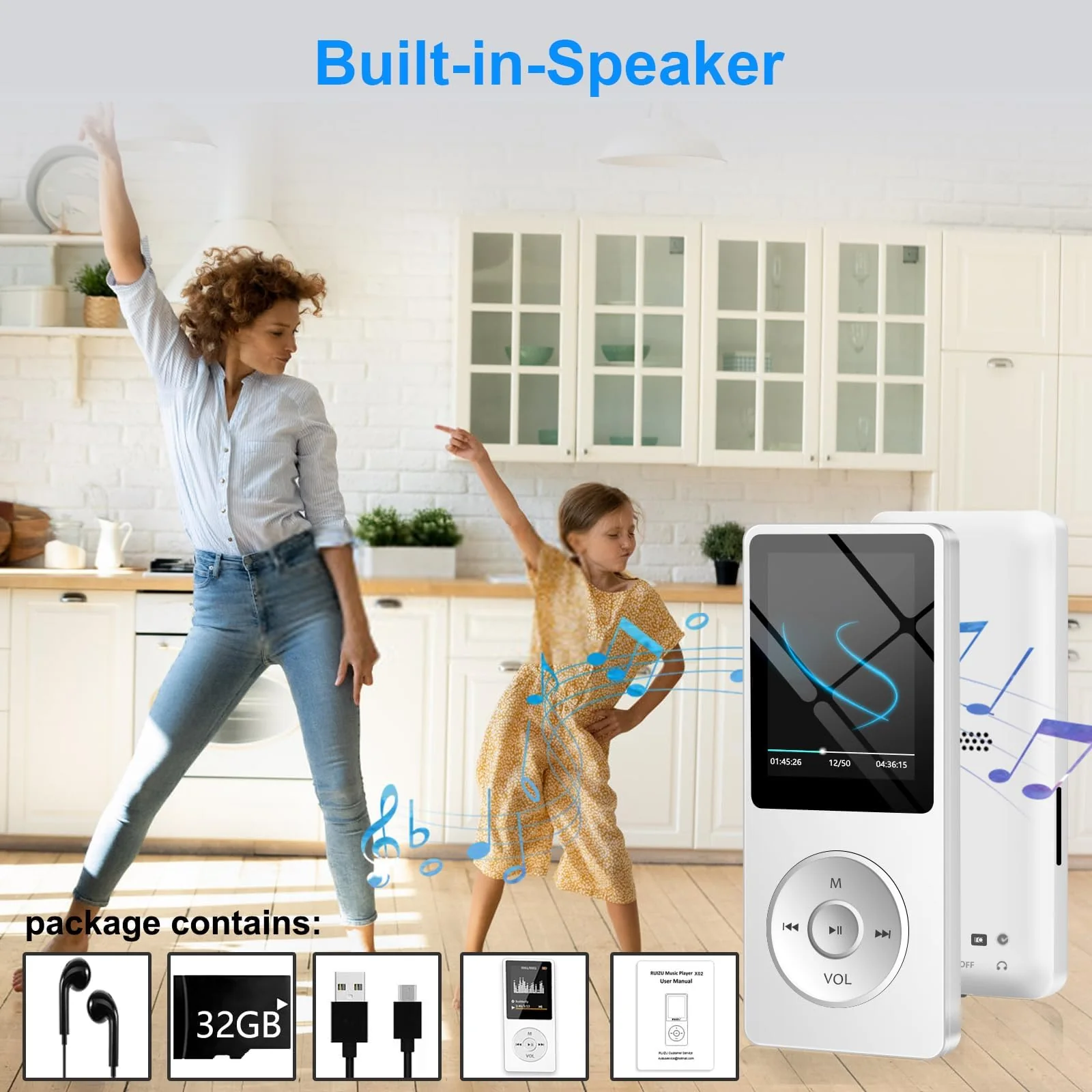 Aigital MP3 Player with Bluetooth and 32GB TF Card, HiFi Music Player with Built-in Speaker and Earphones, Multifunctional MP3 Players with FM/Recording/E-Book/Video,Silver White - Image 5