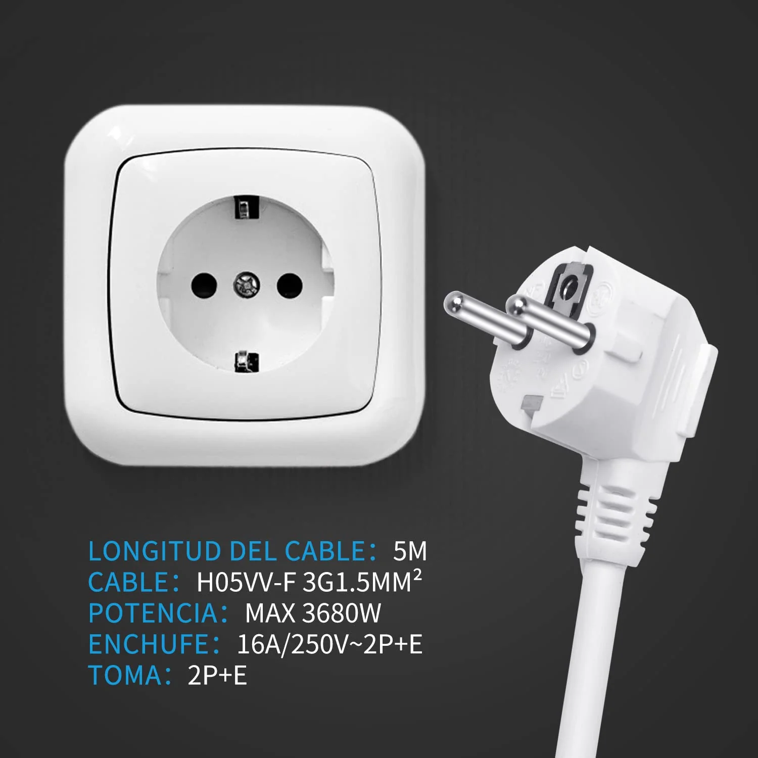 Aigostar Extension Cable 5 m Cable Extensions with Protective Contact Plug Schuko Extension 16 A/250 V White 3g1.5mm²-1 Pcs 5m - Image 2
