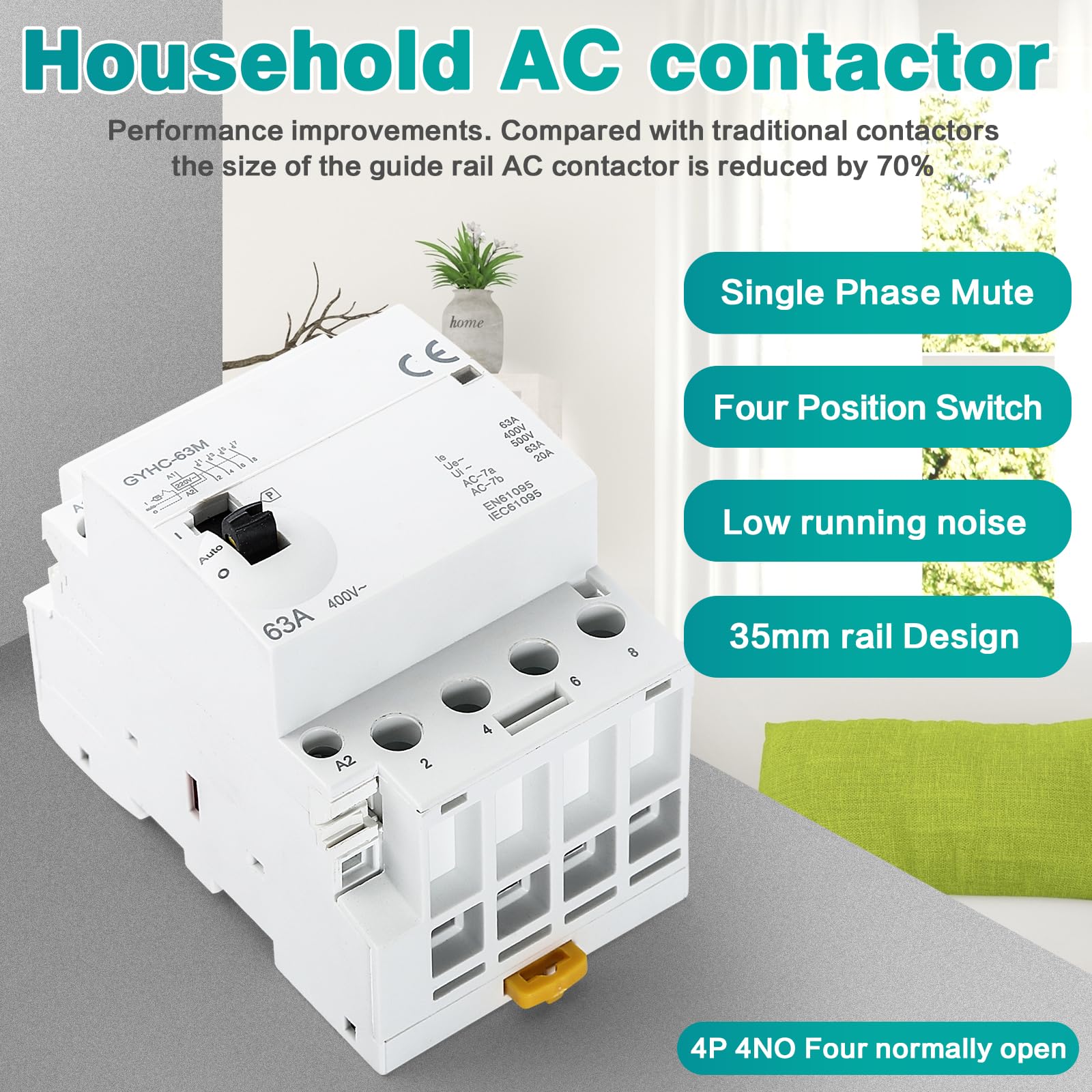 Ailao Contactor 400 V 3 Phase 4 Wire AC Contactor AC Household Contactor 4P 63A 4NO Ultra Quiet and Highly Efficient Flame Retardant DIN Rail Manual Automatic Model - Image 2